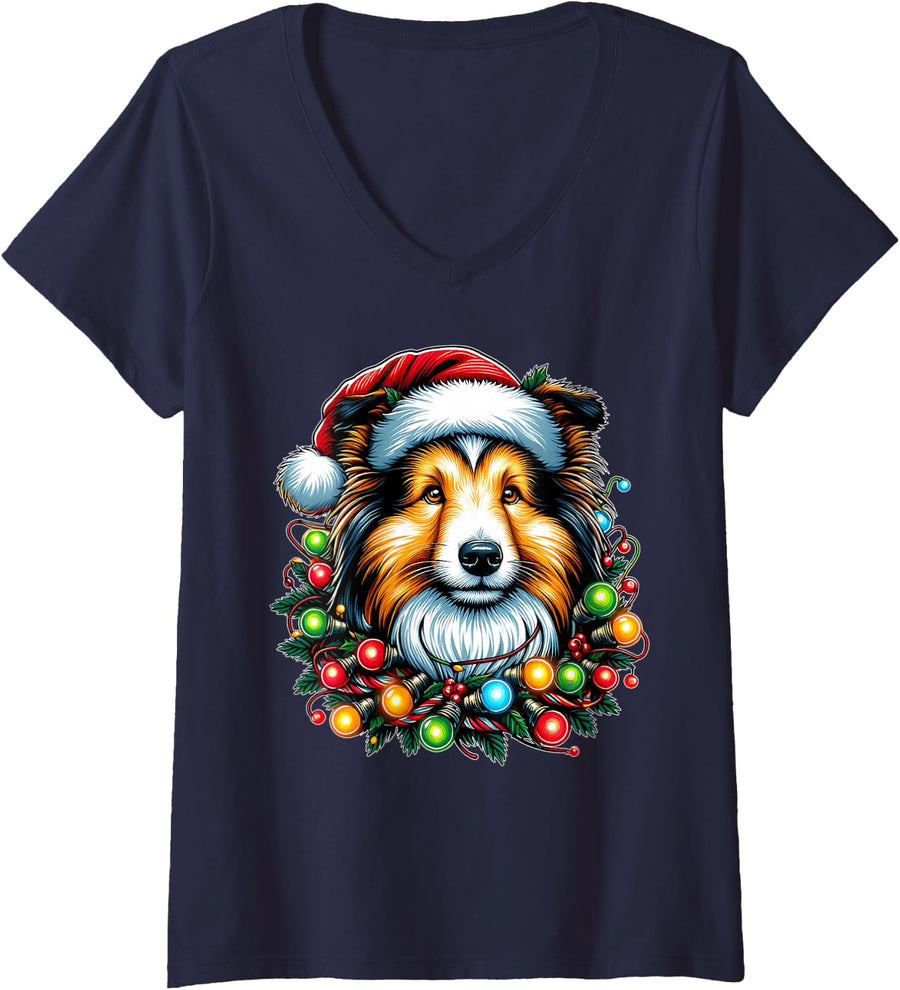 Women's Shetland Sheepdogs Dog Christmas Hat Xmas V-Neck T-Shirt - Navy Blue