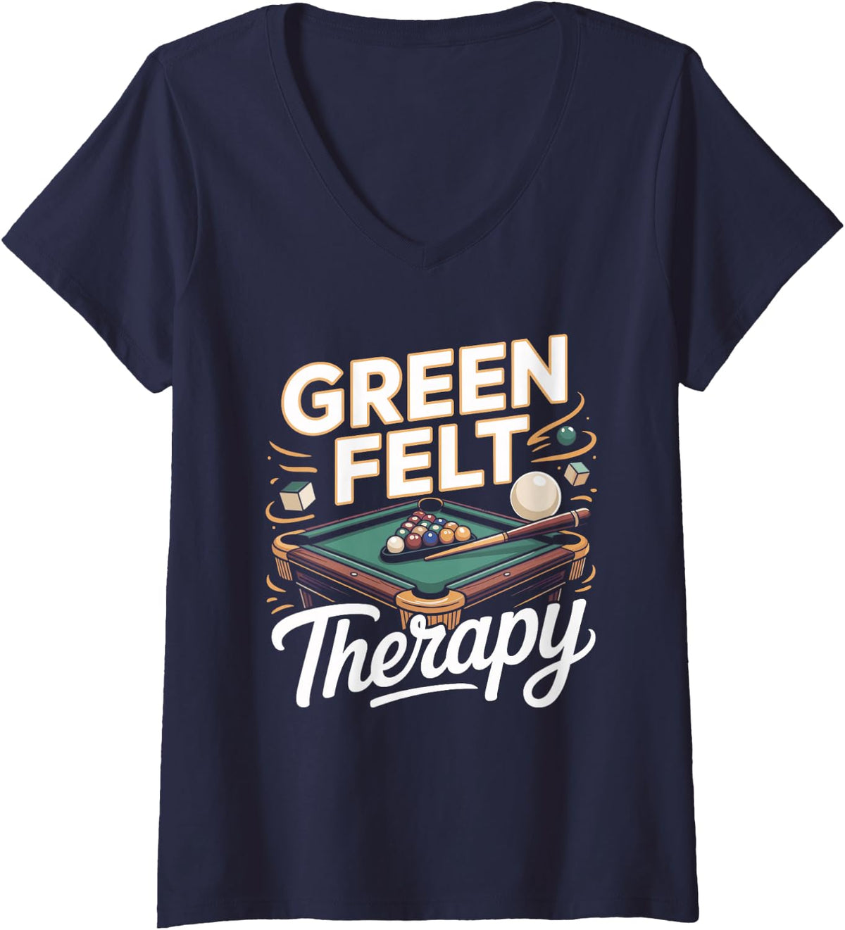 Women's Green Felt Therapy Pool Billiards Eight Ball V-Neck T-Shirt - Navy Blue