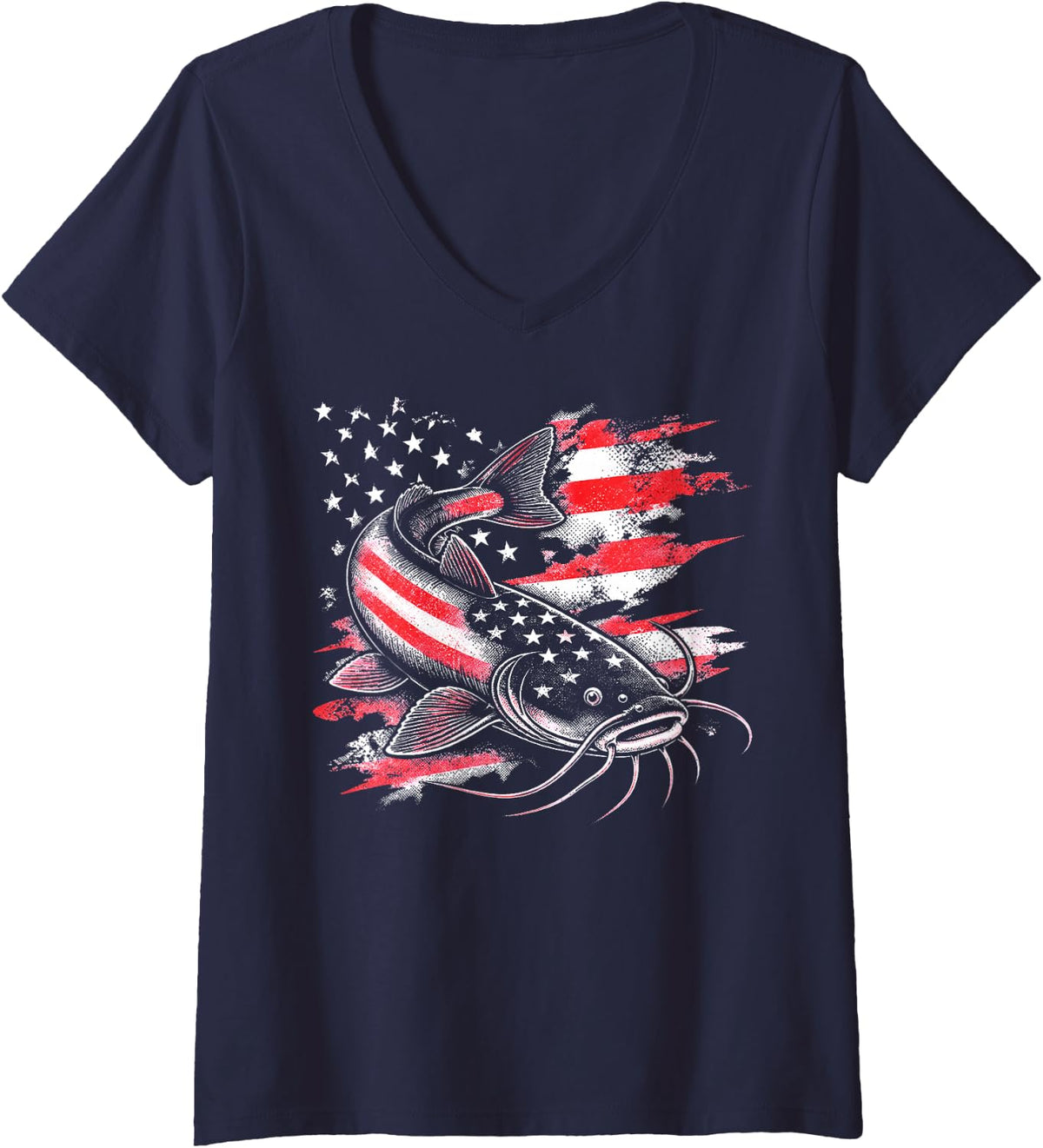 Women's American Catfish Angler Catfish Fishing V-Neck T-Shirt - Navy Blue