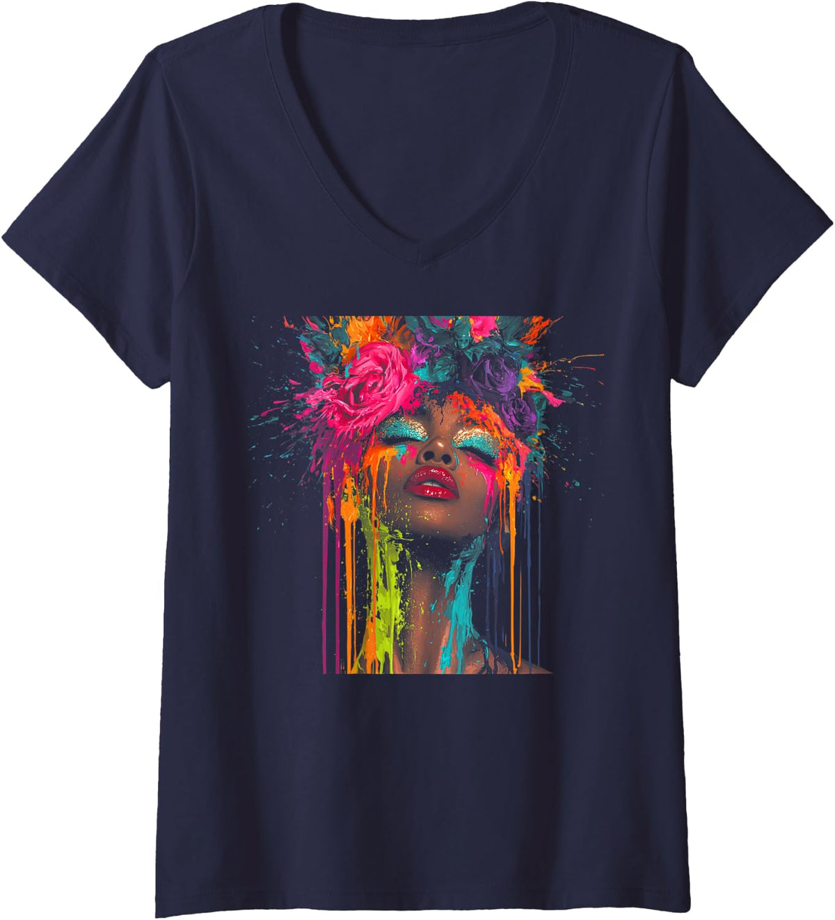 Women's Black Queen Floral Afro Hairstyle Dripping Face Portrait V-Neck T-Shirt - Navy Blue