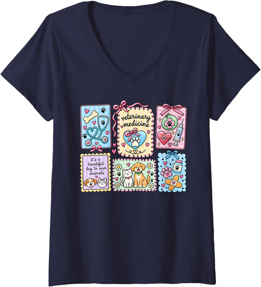 Women's Veterinary Medicine Vet Med Student Pink Bow Veterinarian V-Neck T-Shirt - Navy Blue