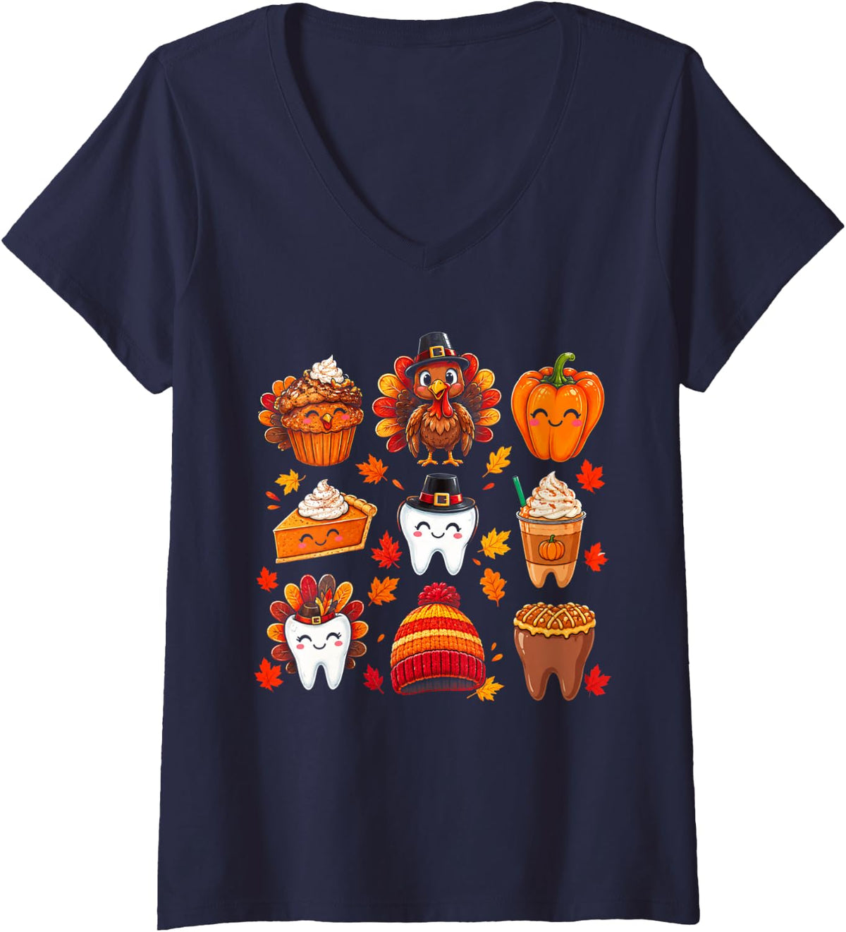 Women's Dental Squad Dentist Teeth Assistant Pumpkin Coffee Turkey V-Neck T-Shirt - Navy Blue