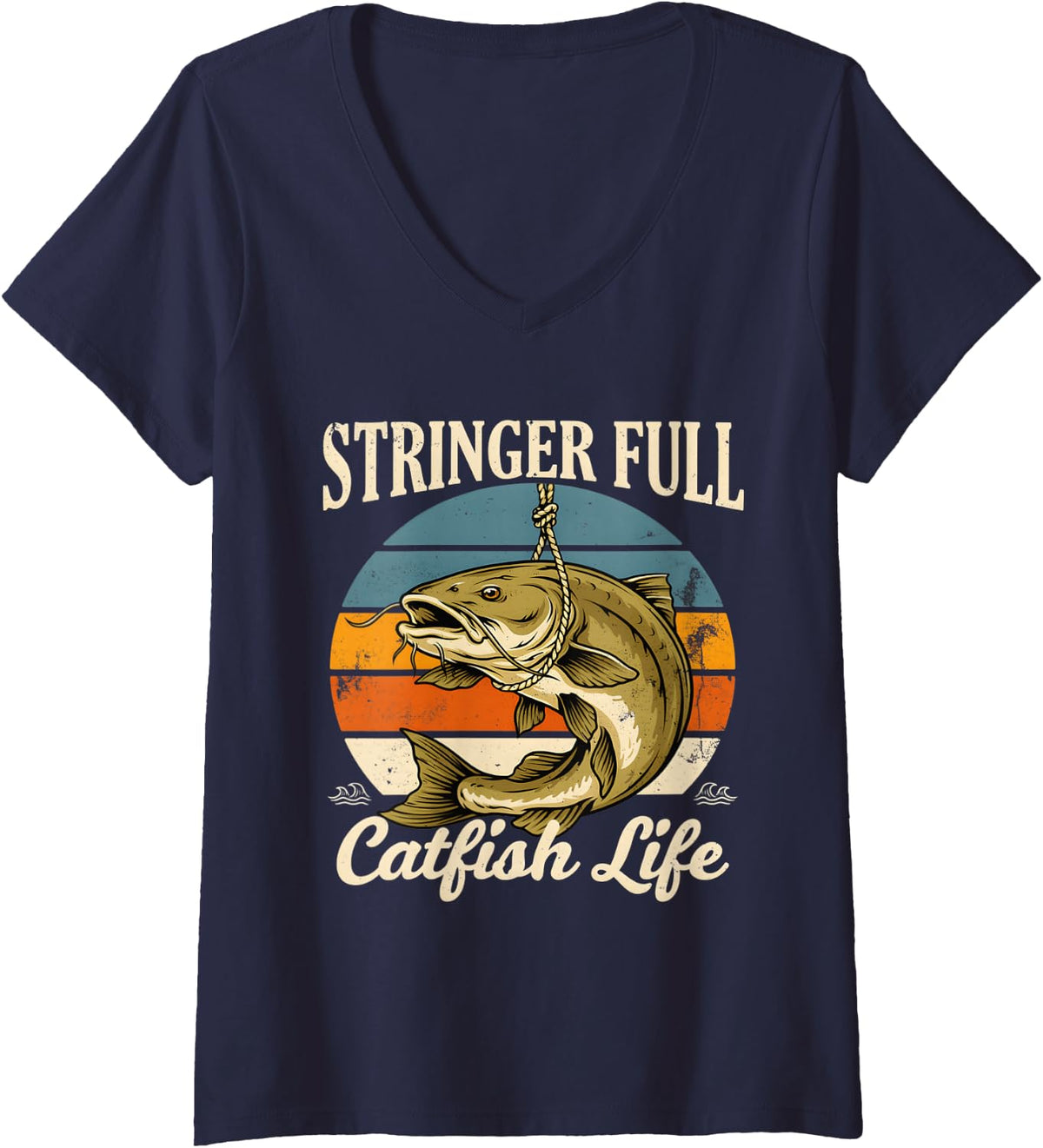 Women's Stringer Full Catfish Life Fishing Angler V-Neck T-Shirt - Navy Blue