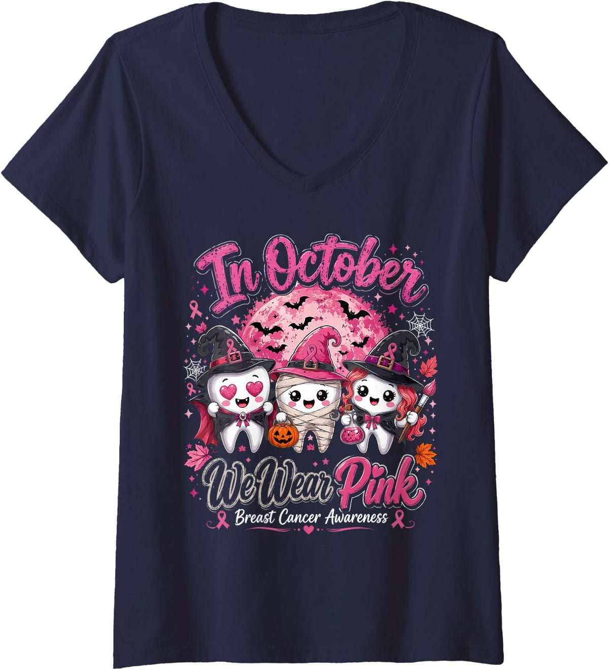 Women's We were Pink Ribbon Halloween Dental Breast Cancer Awareness V-Neck T-Shirt - Navy Blue
