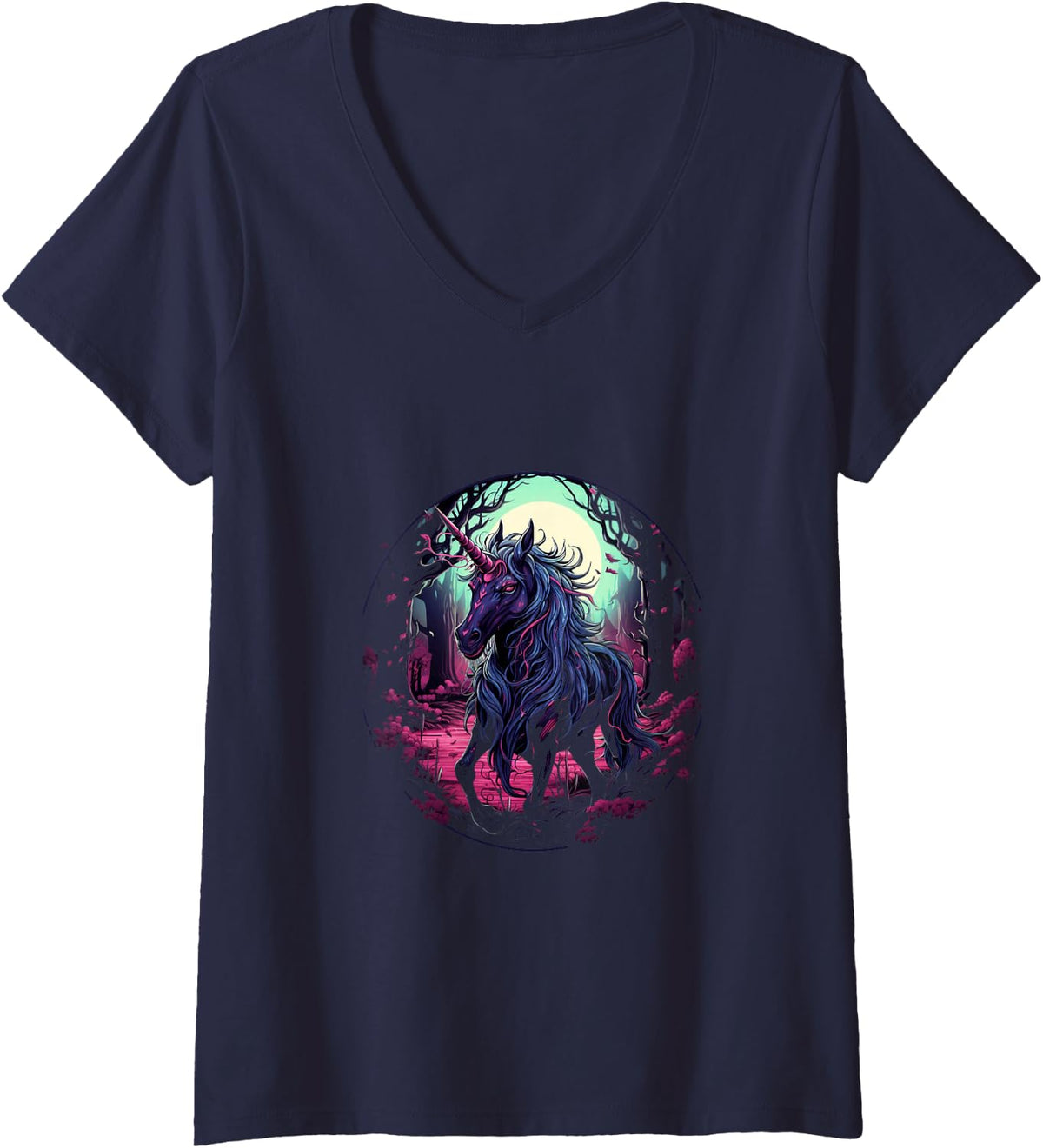 Women's Unicorn Goth Gothic Moonlit Forest Dark Fantasy V-Neck T-Shirt - Navy Blue