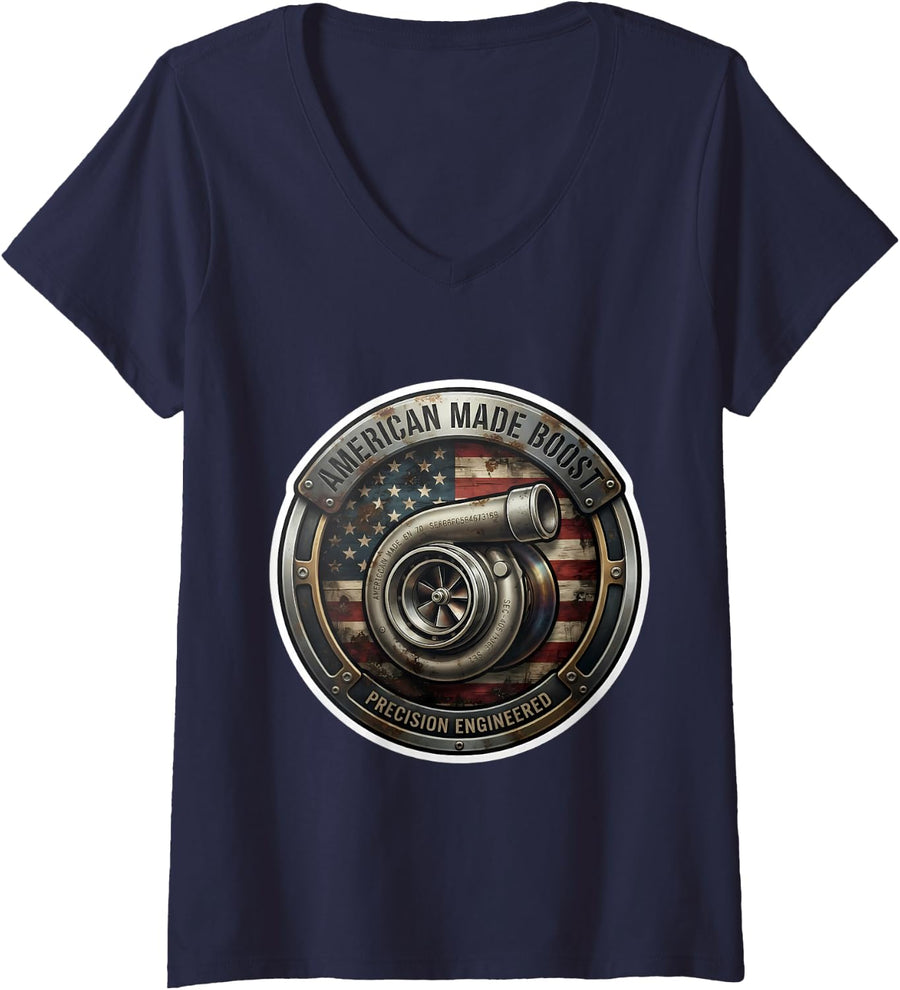 Women's American Made Boost Turbocharger USA Flag Mechanic Patriot V-Neck T-Shirt - Navy Blue