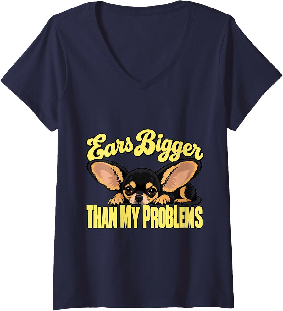 Women's Chihuahua Ears Bigger Than My Problems Lap Dog Fan Humor V-Neck T-Shirt - Navy Blue