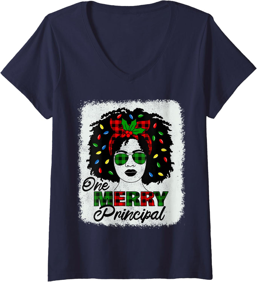 Women's One Merry Principal Afro African American Christmas V-Neck T-Shirt - Navy Blue