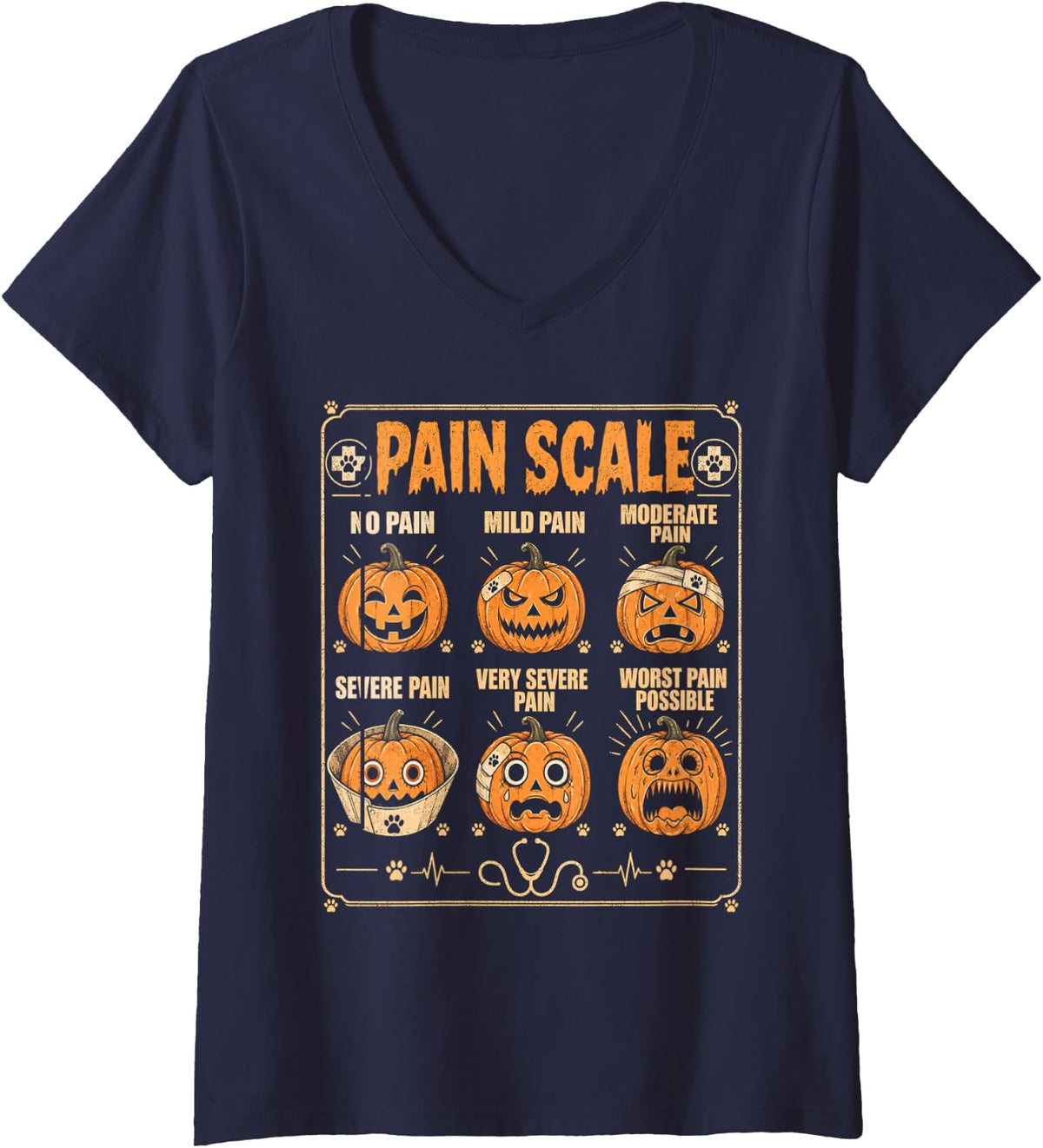 Women's Pumpkin Pain Scale Veterinarian Halloween Vet Tech Fall V-Neck T-Shirt - Navy Blue