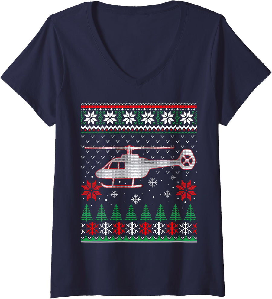 Women's Aviation Helicopter Pilots Ugly Christmas Sweater Xmas Gifts V-Neck T-Shirt - Navy Blue