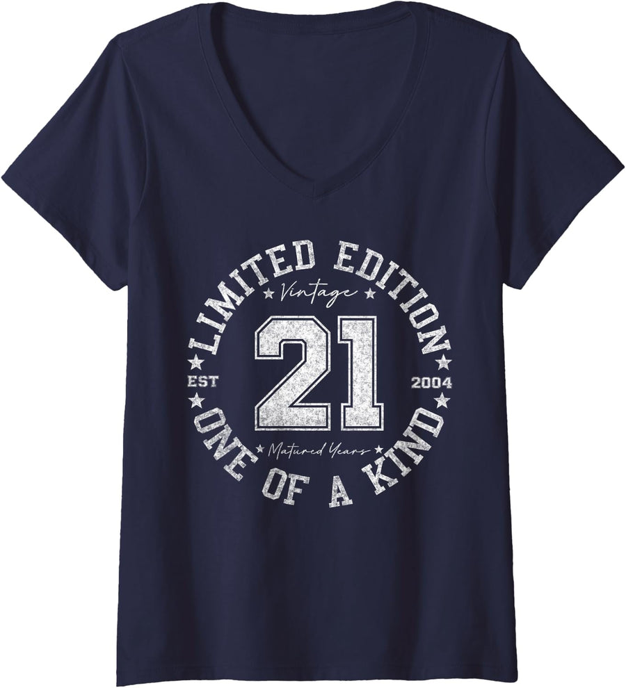 Women's 21 Year Old Gifts Vintage 2004 Limited Edition 21st Birthday V-Neck T-Shirt - Navy Blue