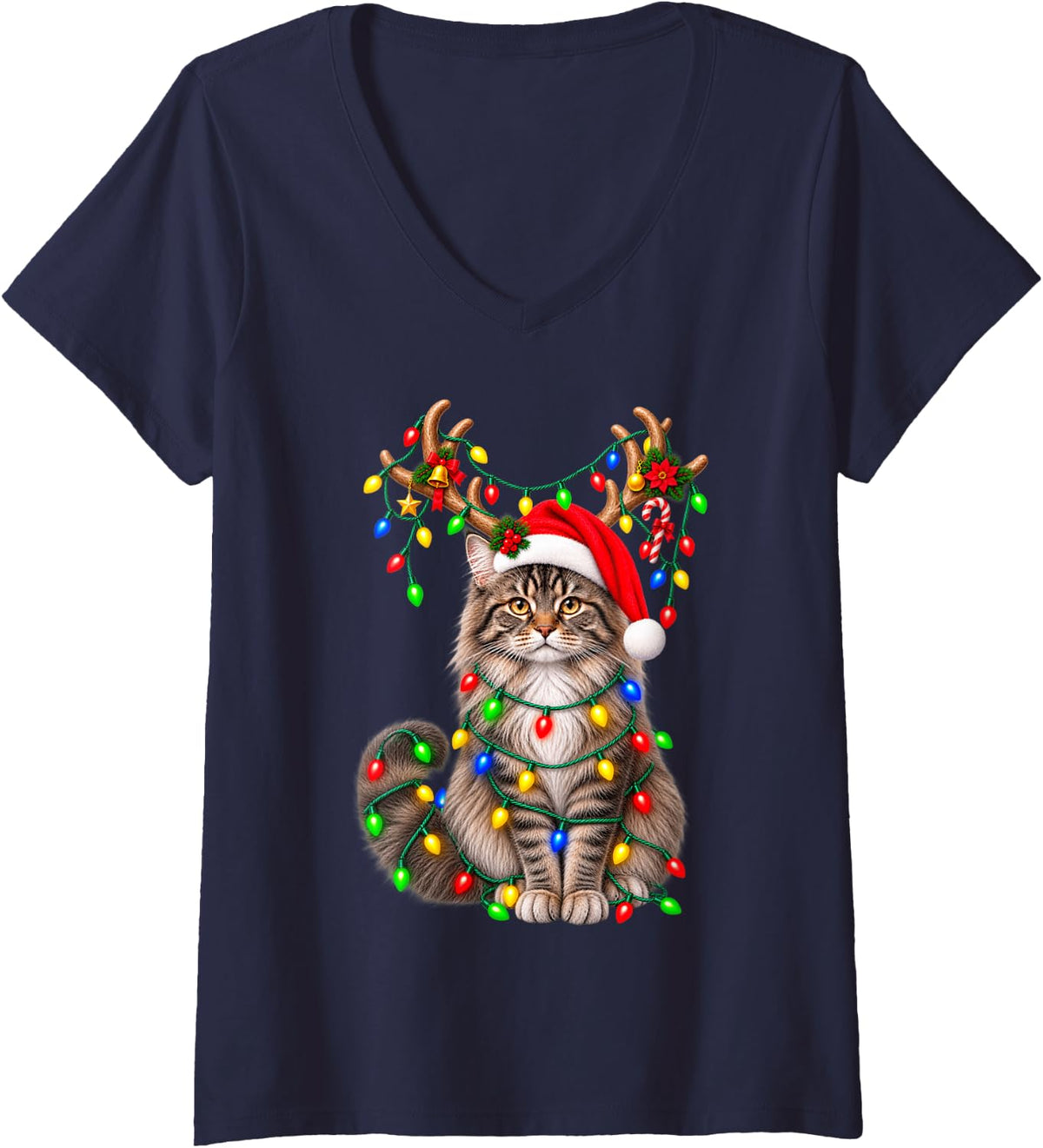 Women's Maine Coon Christmas Cat Reindeer Lights Santa Hat Xmas 2026 V-Neck T-Shirt - Navy Blue