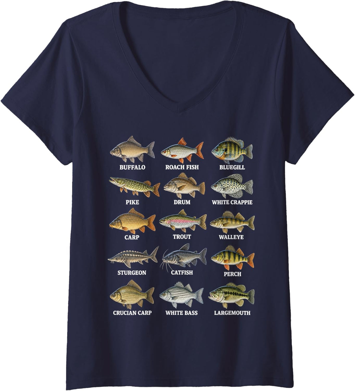 Women's Freshwater Fish Species Fishing Fisherman Angler Men V-Neck T-Shirt - Navy Blue