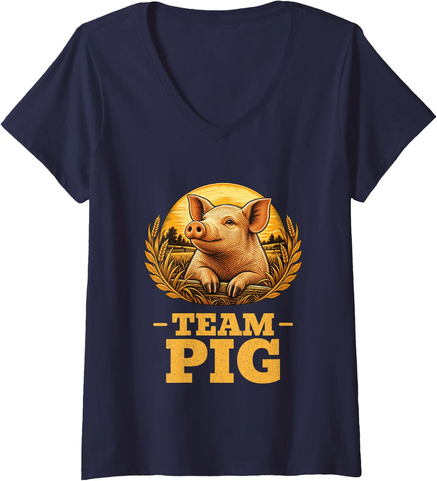 Women's Team Pig Vintage Farm Retro Animal Lover V-Neck T-Shirt - Navy Blue