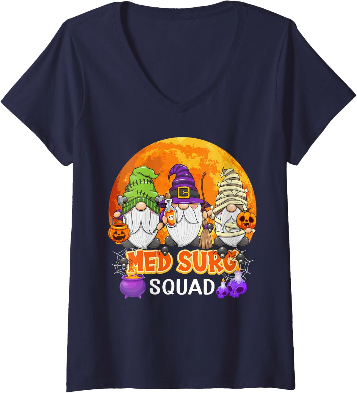 Women's Med Surg Squad Halloween Medical Surgical Gnome Matching V-Neck T-Shirt - Navy Blue