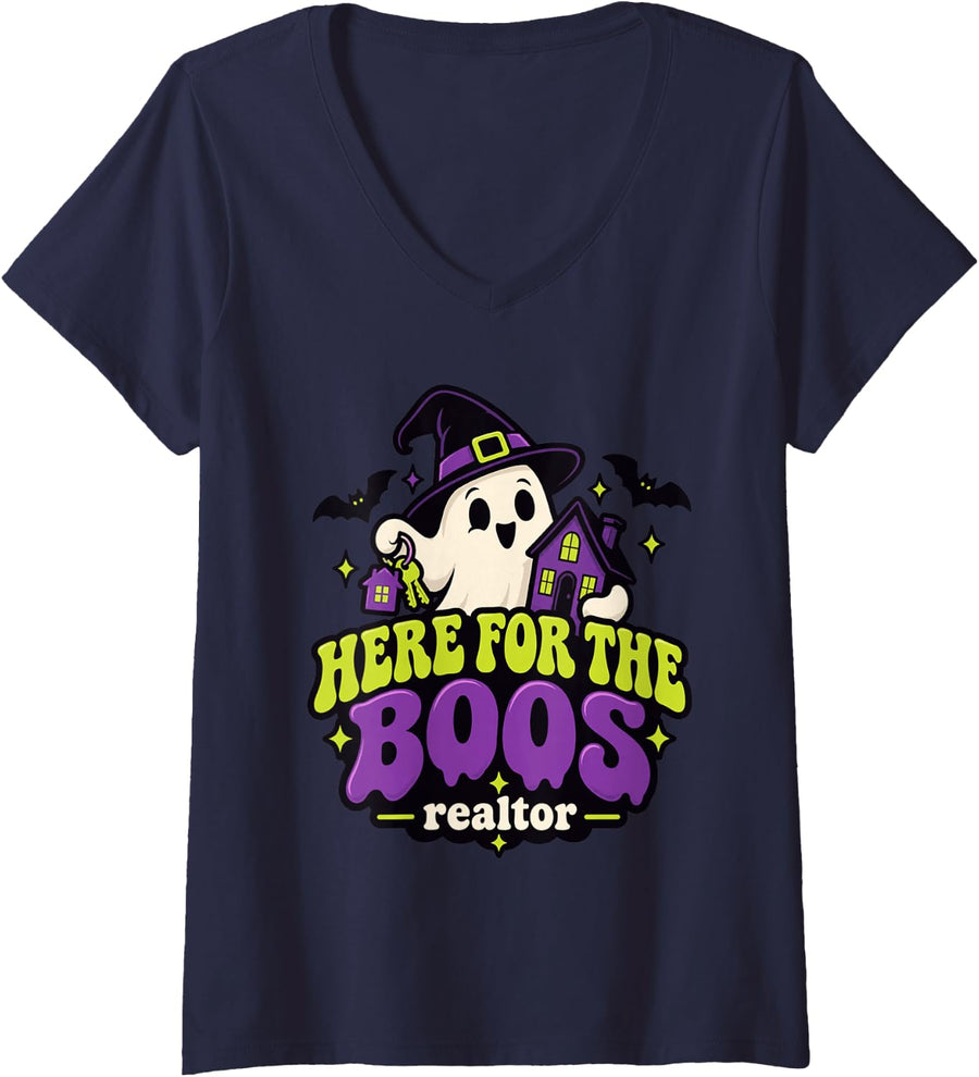 Women's Here for the Boos Realtor Spooky Real Estate Professional V-Neck T-Shirt - Navy Blue