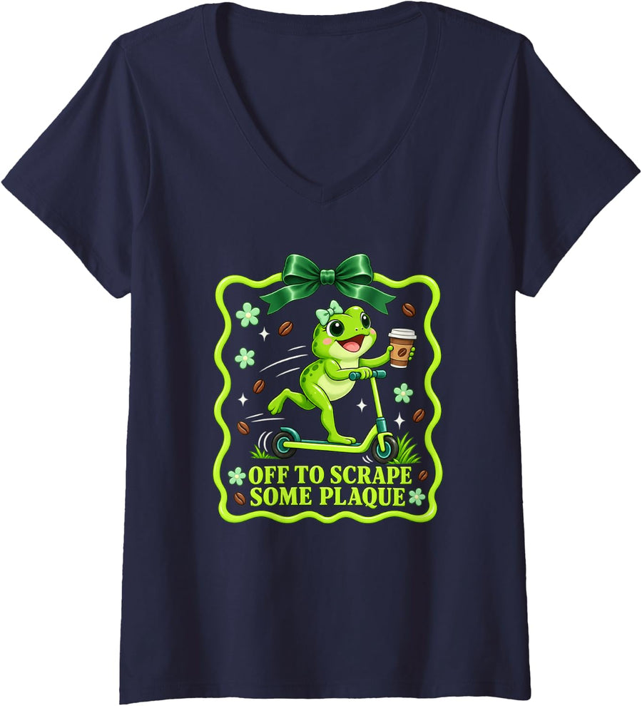 Women's Off to Scrape Some Plaque Dental Hygienist Frog Funny V-Neck T-Shirt - Navy Blue