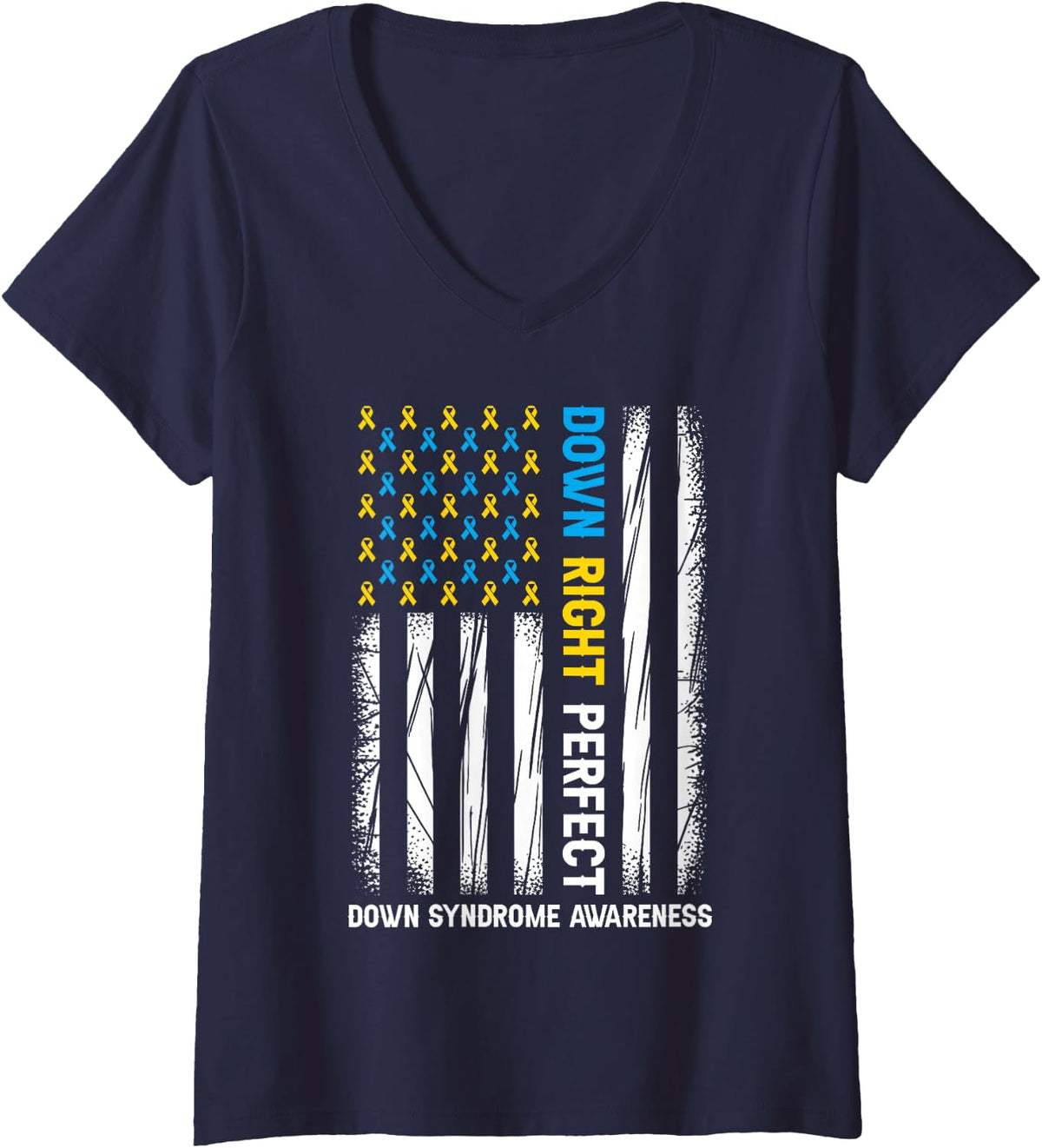 Women's Down Syndrome Awareness Yellow Blue American Flag Men Women V-Neck T-Shirt - Navy Blue