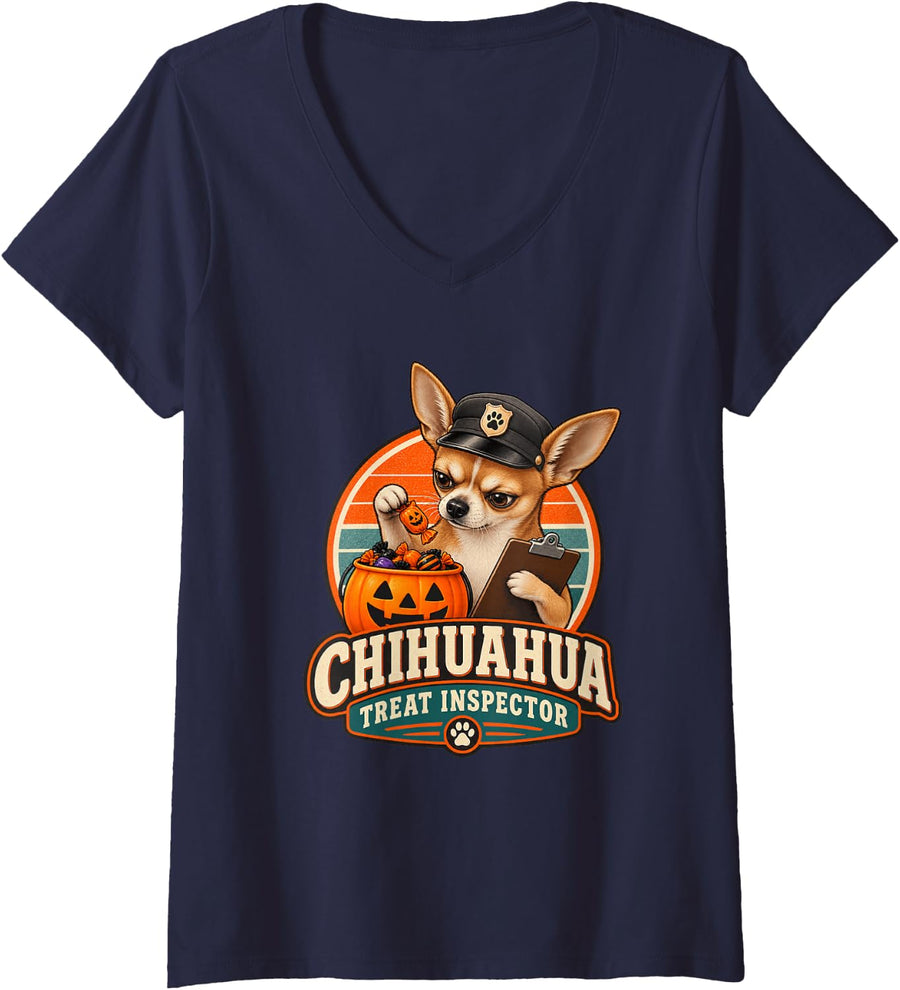 Women's Chihuahua Treat Inspector Chihuahua Small Dog V-Neck T-Shirt - Navy Blue