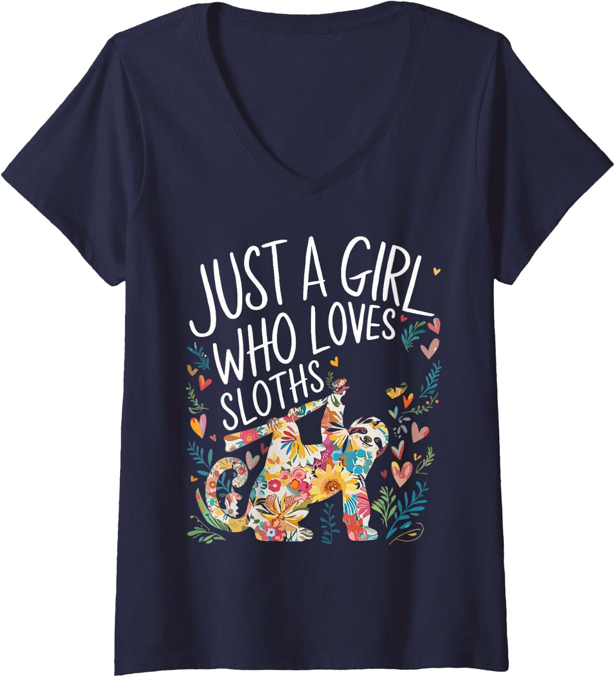 Women's Just A Girl Who Loves Sloths Floral Sloth Women Girls V-Neck T-Shirt - Navy Blue