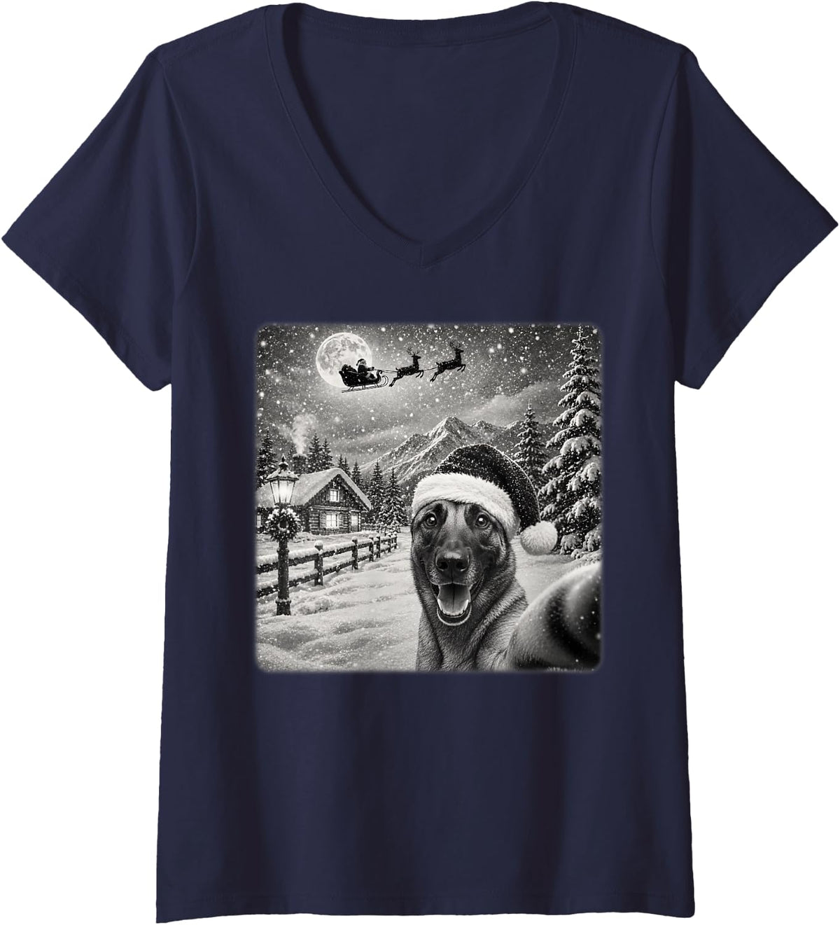 Women's Xmas Moon Night Santa Sleigh Belgian Malinois Dog Christmas V-Neck T-Shirt - Navy Blue