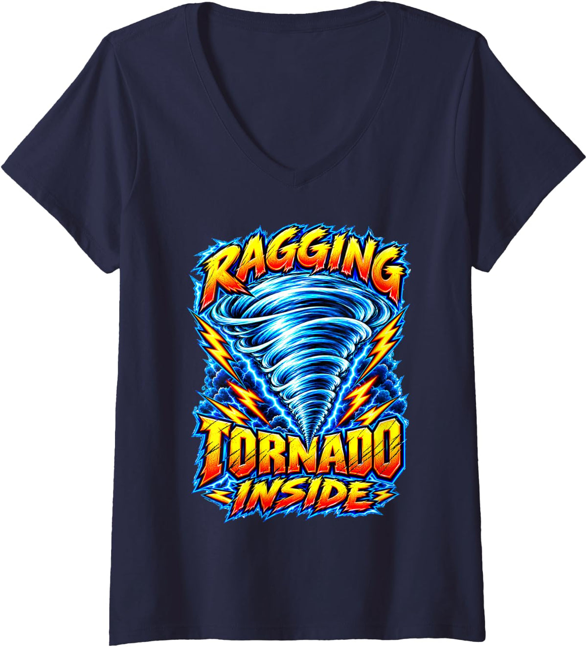 Women's Ragging Tornado Inside Storm Chasing Dating Marriage V-Neck T-Shirt - Navy Blue