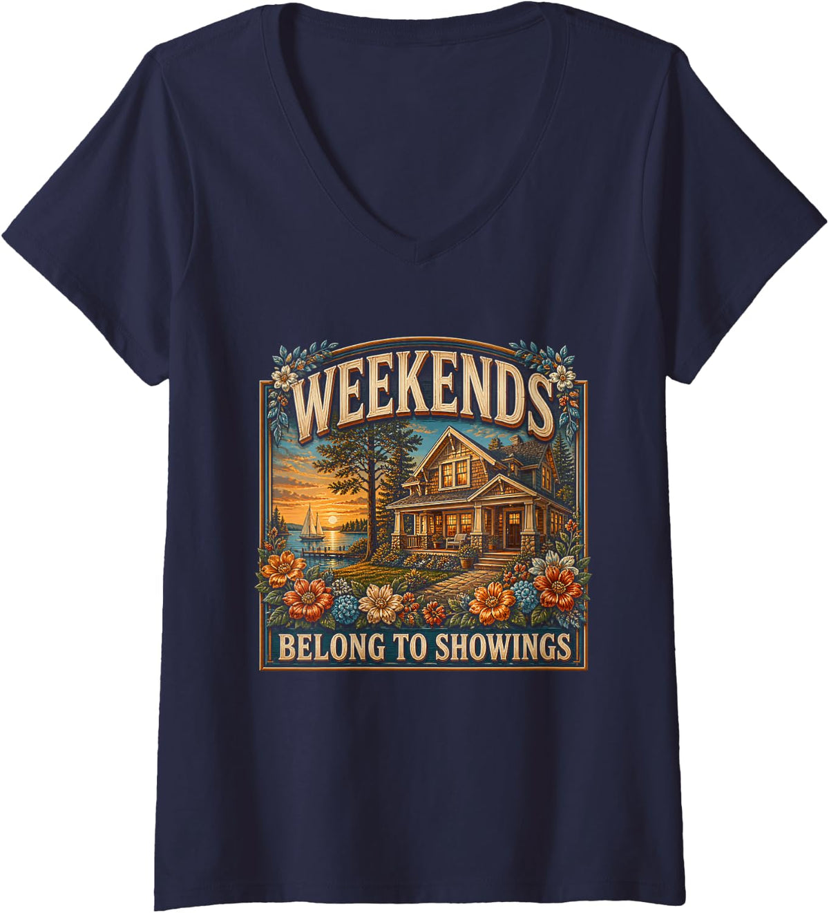 Women's Weekends Belong to Showings Realtor Gift Open House V-Neck T-Shirt - Navy Blue
