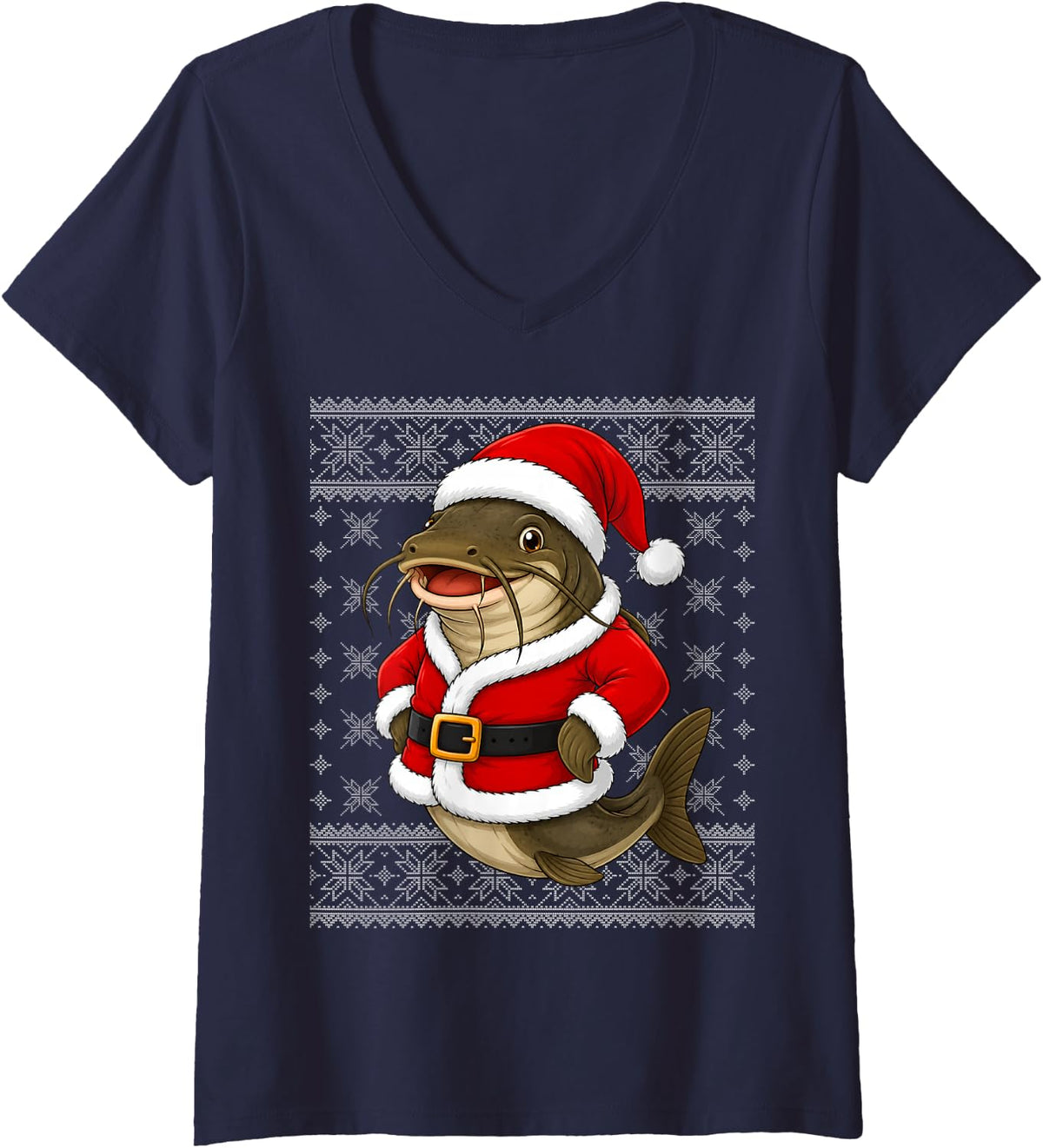 Women's Catfish Christmas Santa Costume Ugly Sweaters Fishing Xmas V-Neck T-Shirt - Navy Blue