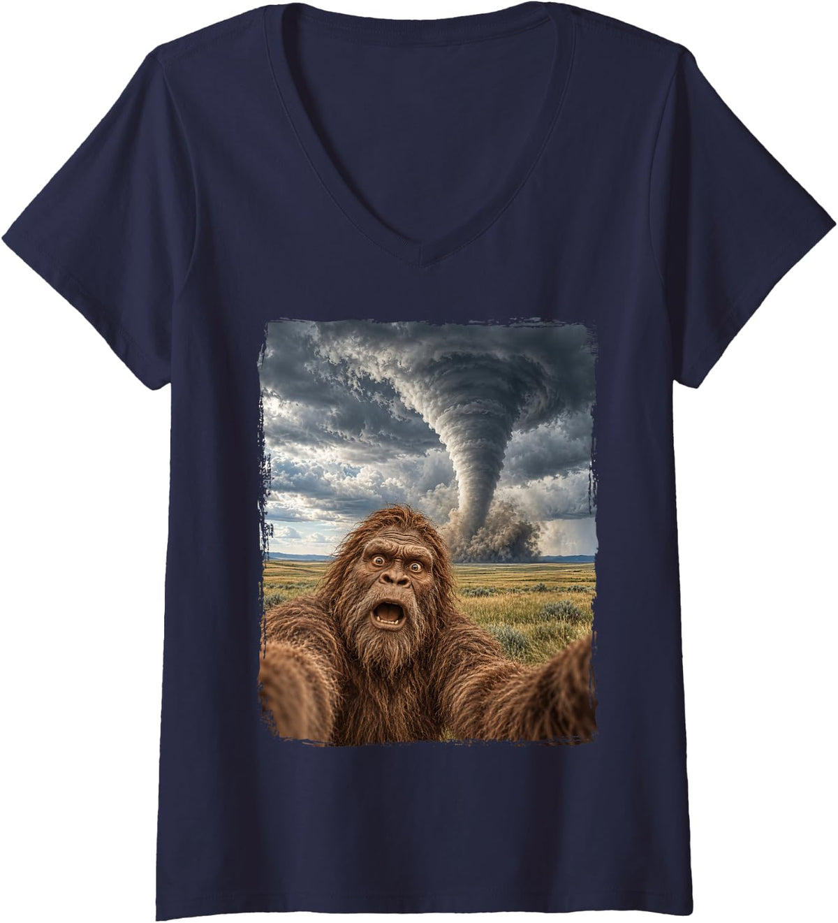 Women's Bigfoot Tornado Selfie Sasquatch V-Neck T-Shirt - Navy Blue