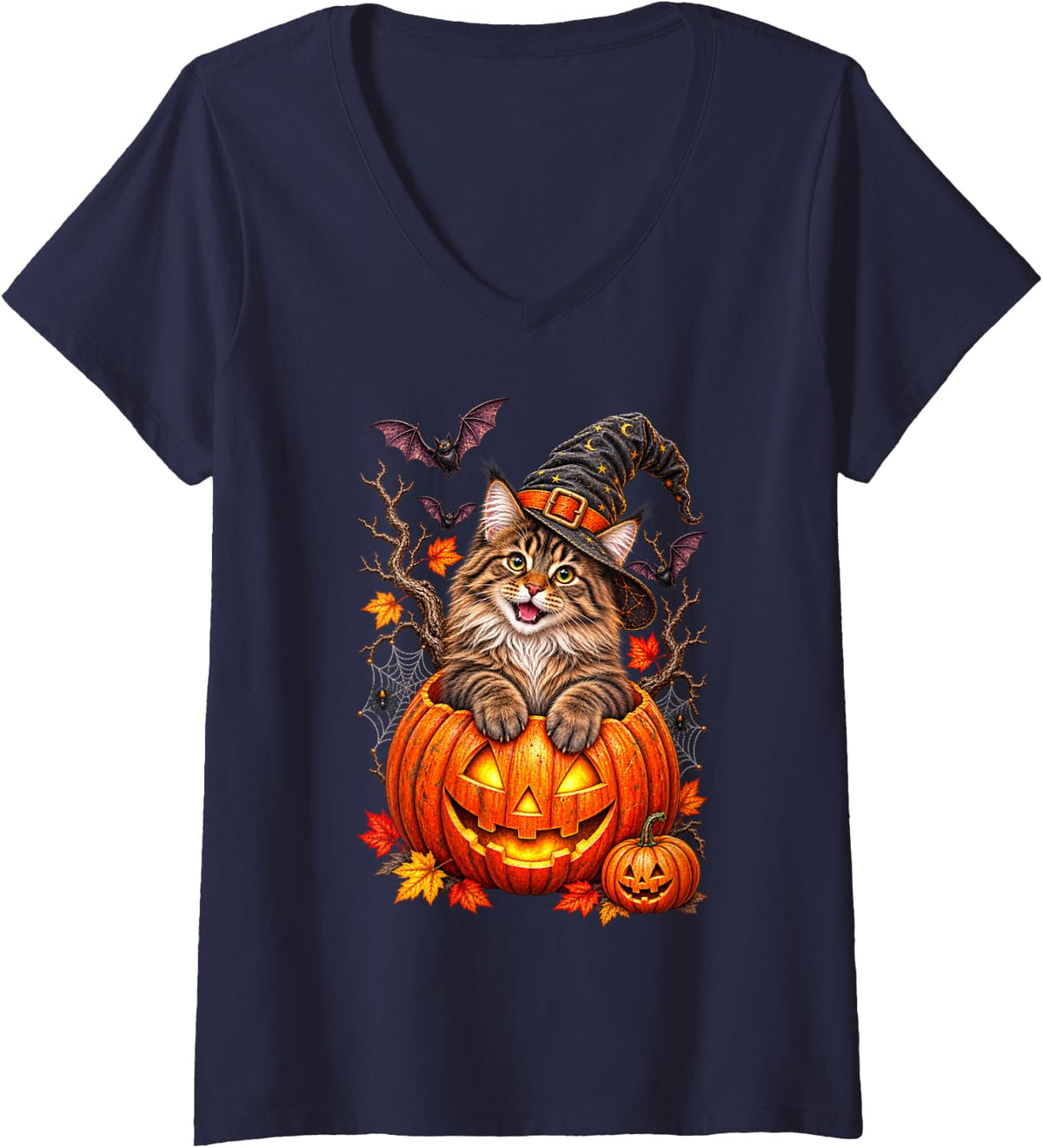 Women's Maine Coon Pumpkin Halloween Thanksgiving Men Women V-Neck T-Shirt - Navy Blue