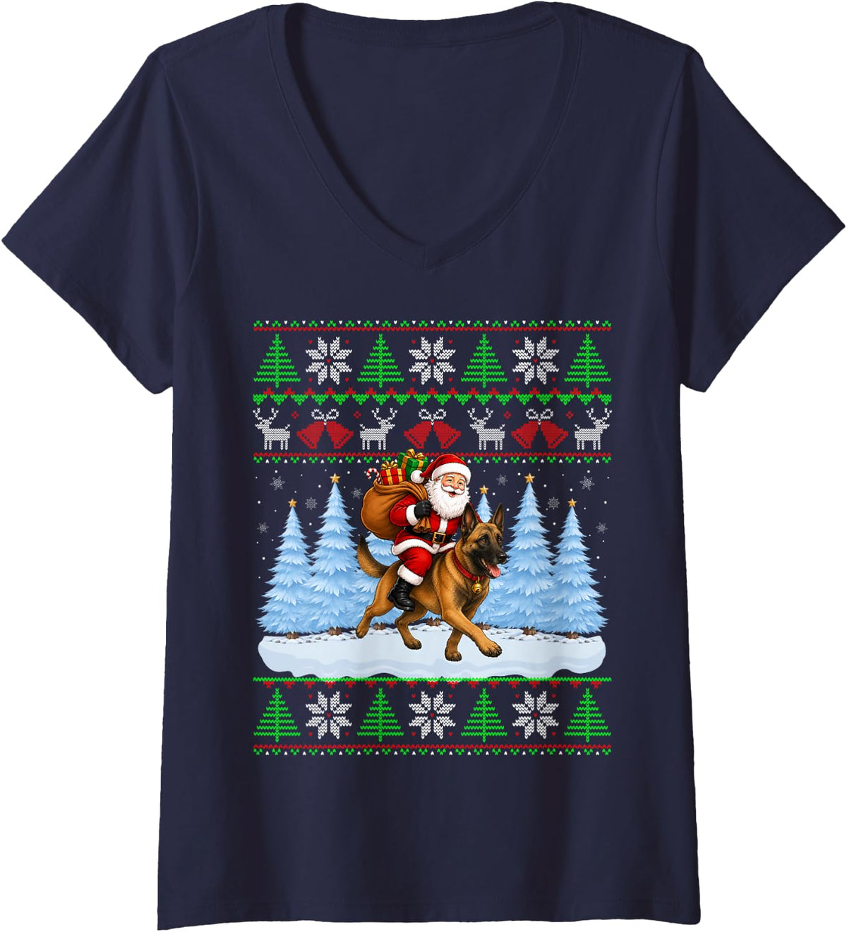 Women's Ugly Xmas Funny Santa Riding Belgian Malinois Dog Christmas V-Neck T-Shirt - Navy Blue