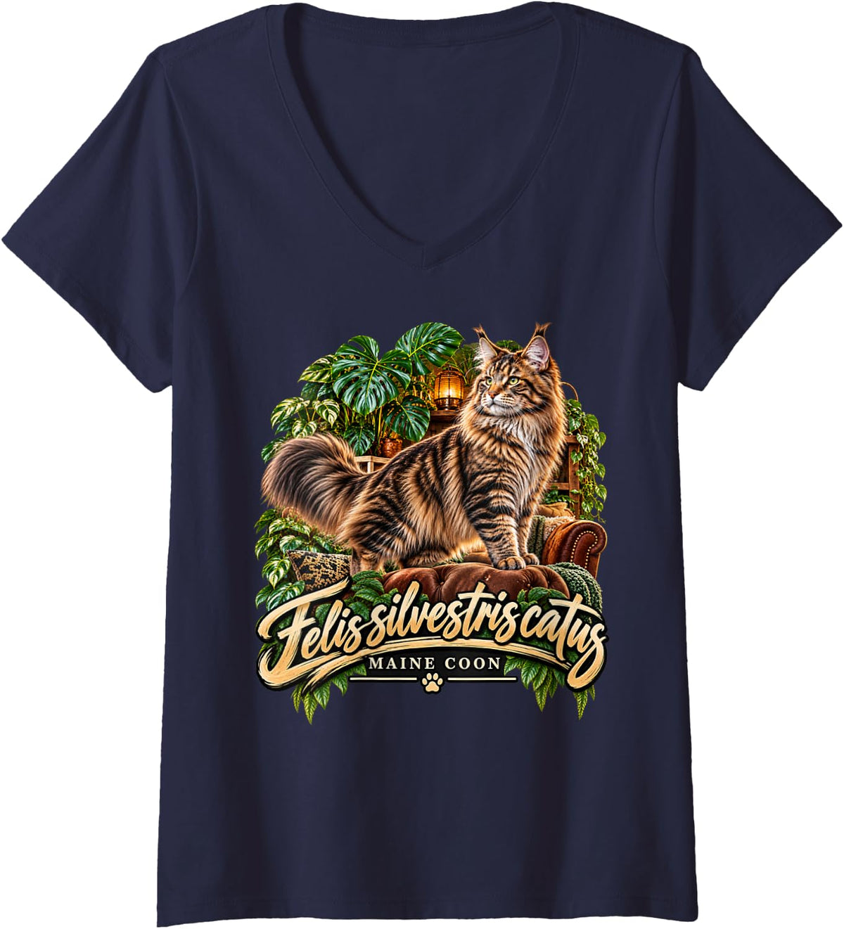 Women's Maine Coon Cat Felis Silvestris Catus Cat Lover V-Neck T-Shirt - Navy Blue