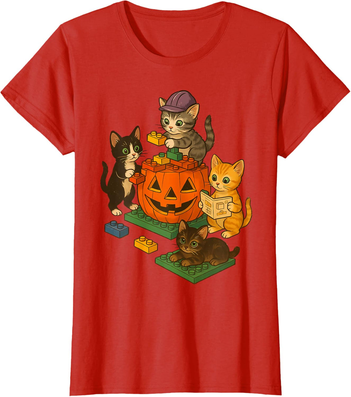 Cute Cat Pumpkin Master Builder Halloween Spooky Season T-Shirt - Red