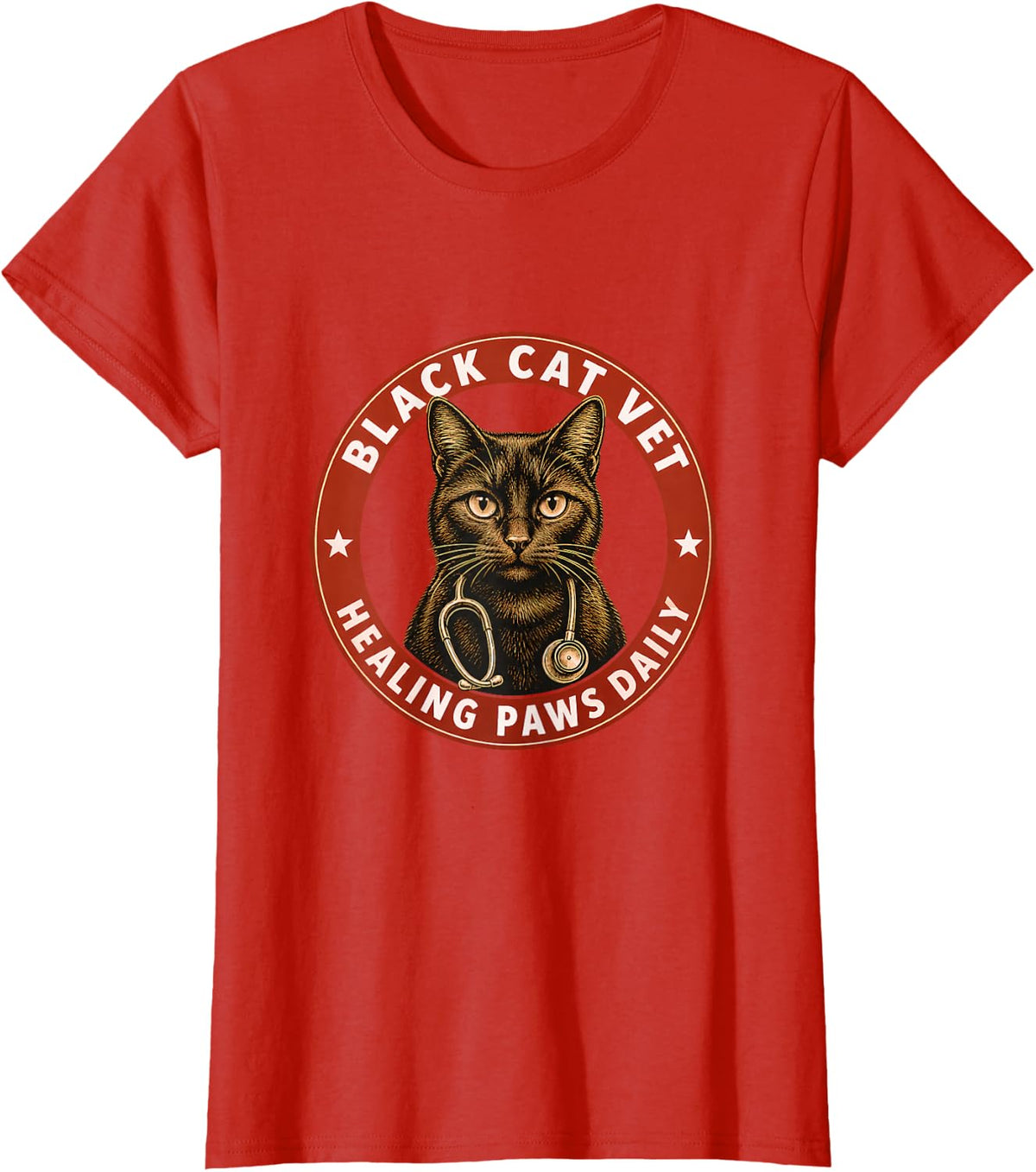 Black Cat Vet Healing Paws Daily Veterinarian T-Shirt - Red