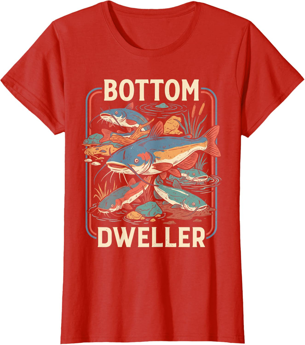 Catfish Fishing Angler Vintage Poster T-Shirt - Red