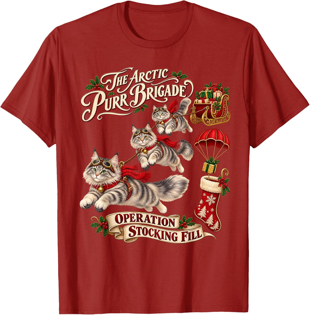 Maine Coon Cats Funny Christmas Parachute T-Shirt - Cranberry Red