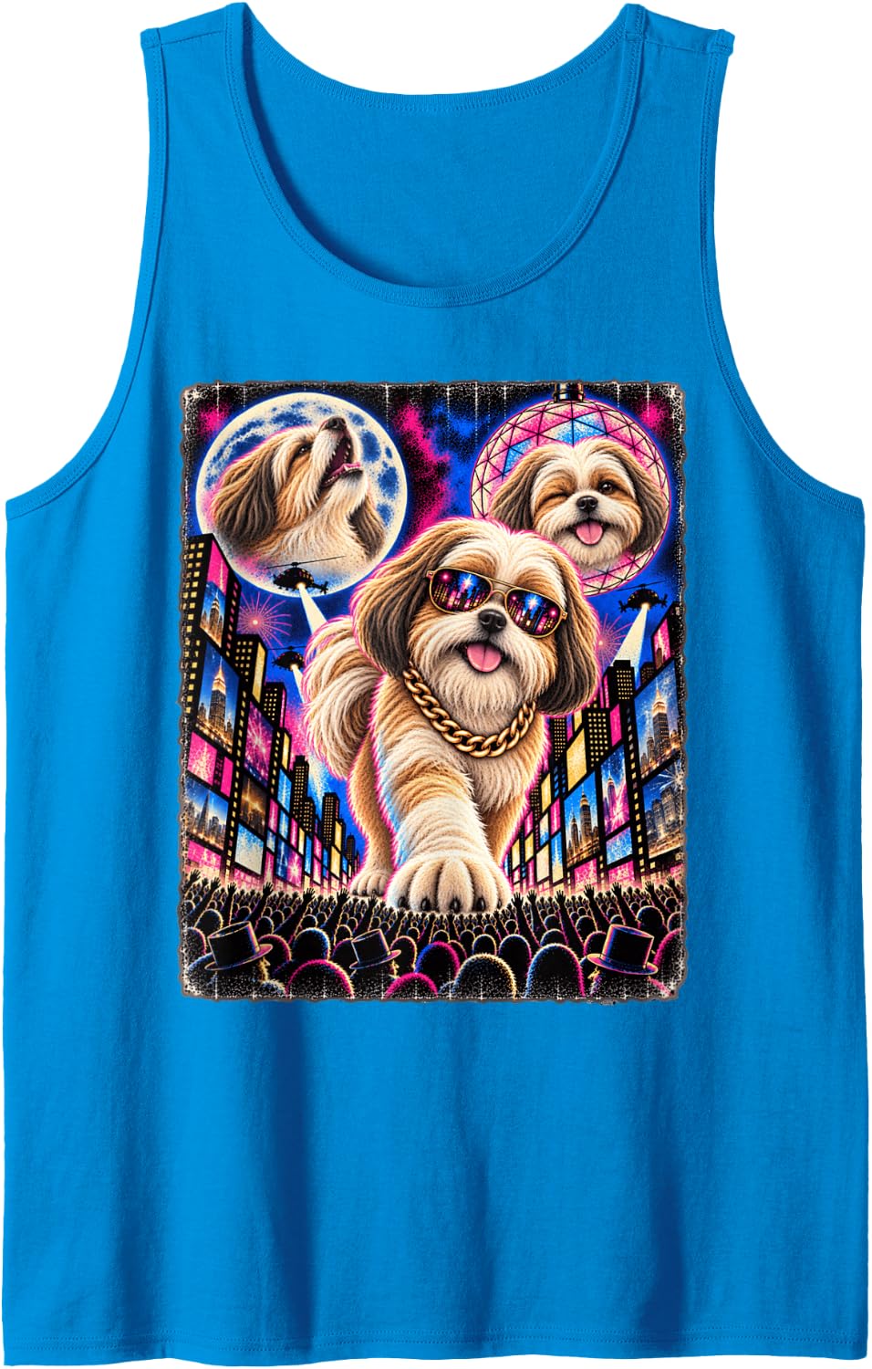 Shih Tzu Times Square Hip Hop Party Cool Sunglasses Chain Sleeveless Tank Top - Sapphire Blue