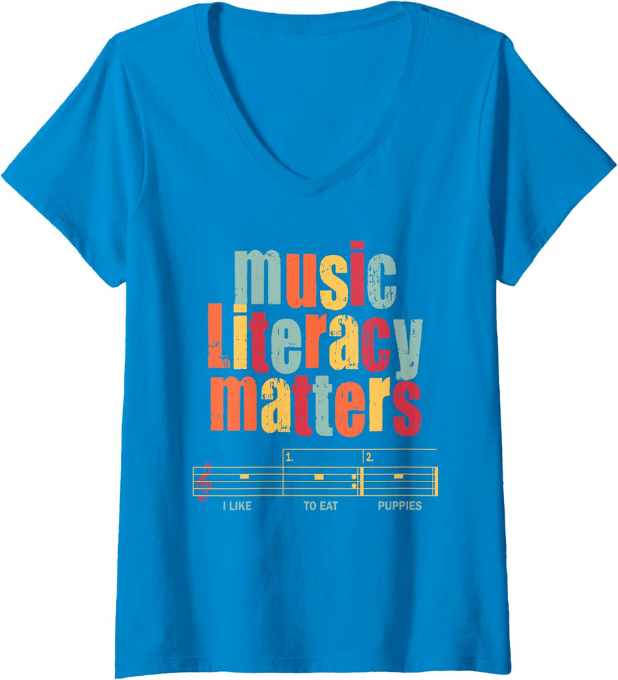 Women's Music Literacy Matters I Like To Eat Puppies Music V-Neck T-Shirt - Sapphire Blue