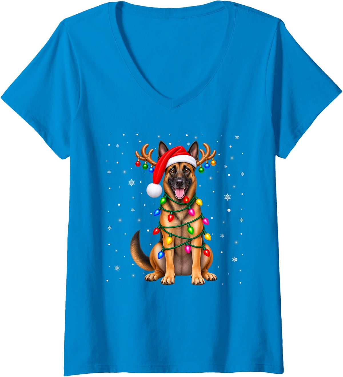 Women's Belgian Malinois Christmas Tree Lights Sweater Xmas Pet Dogs V-Neck T-Shirt - Sapphire Blue