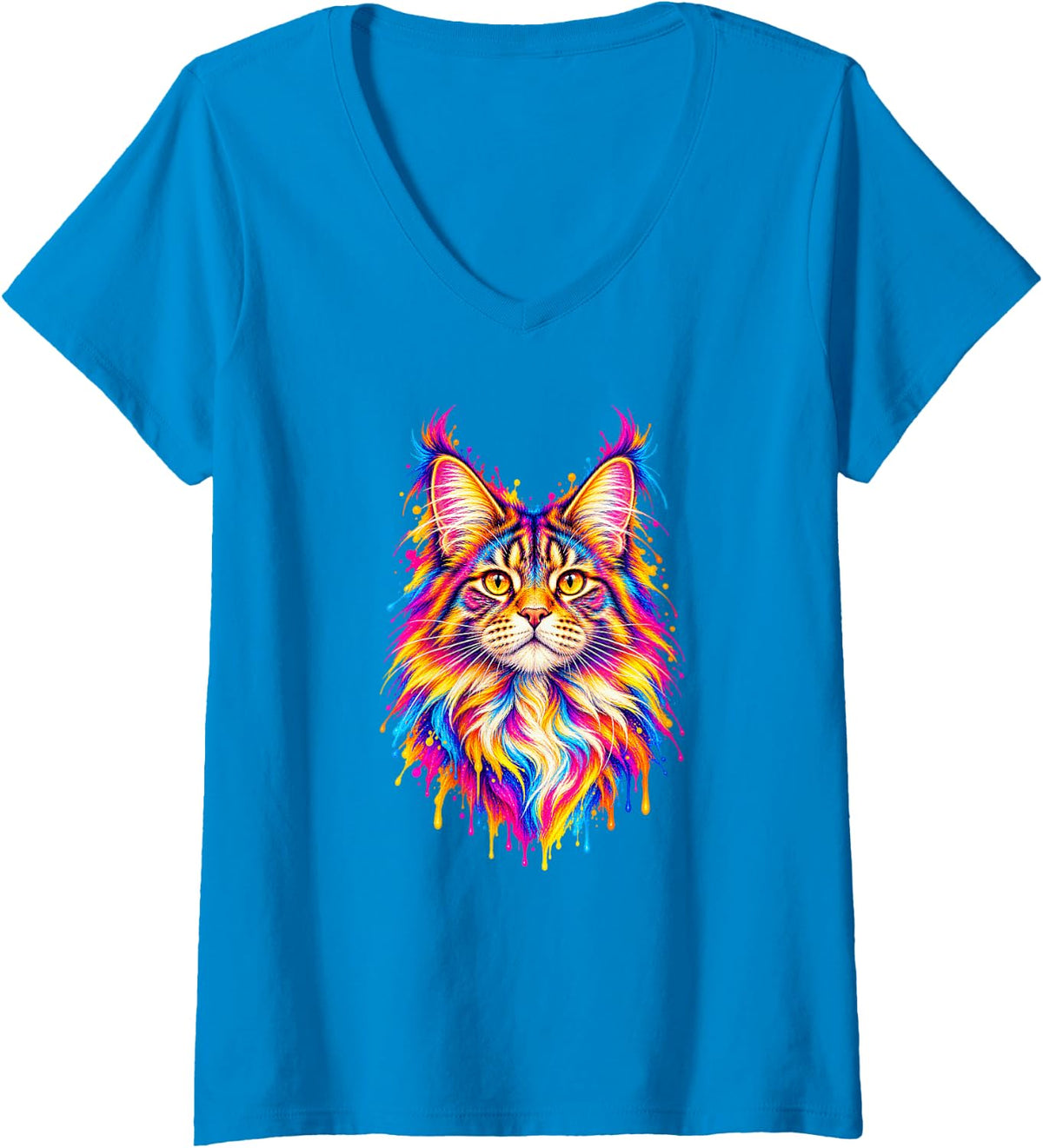 Women's Maine Coon Cat Colorful Pop Art Paint Splash V-Neck T-Shirt - Sapphire Blue
