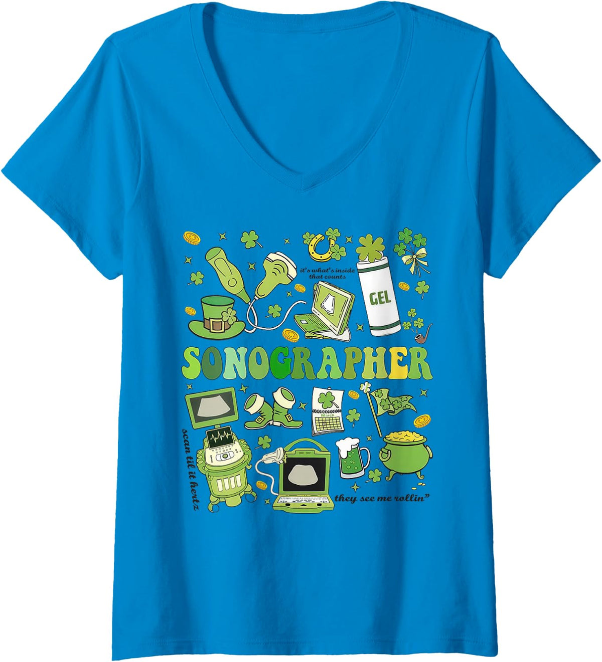 Women's Sonographer St Patricks Day Ultrasound Tech Shamrock V-Neck T-Shirt - Sapphire Blue