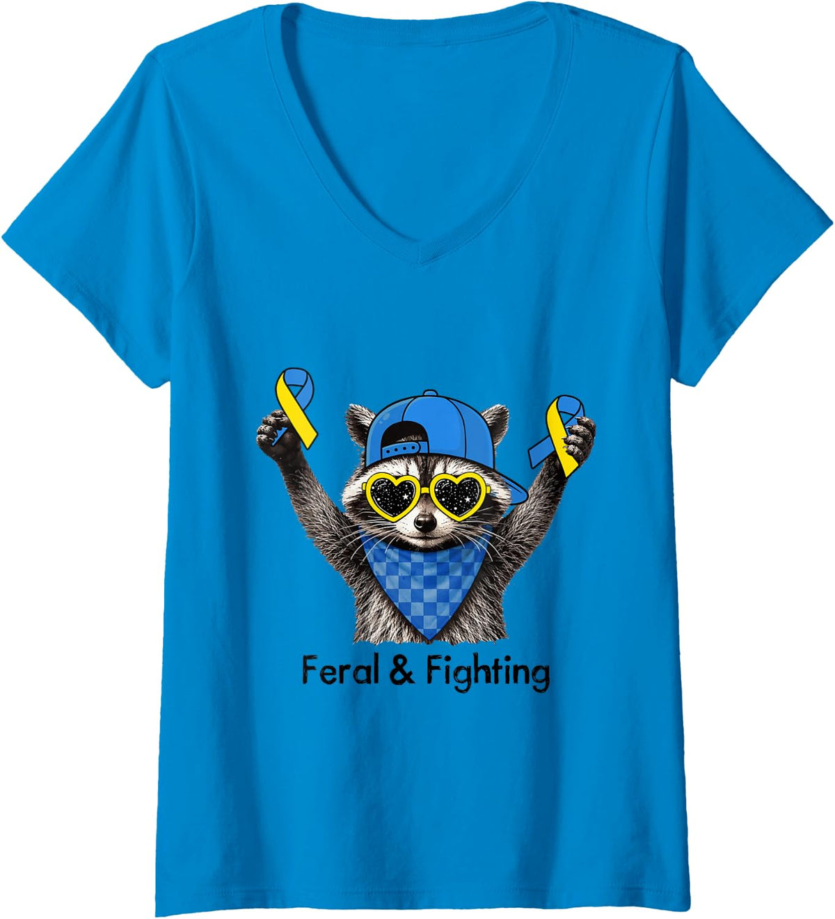 Women's Raccoon Feral & Fighting Down Syndrome Awareness V-Neck T-Shirt - Sapphire Blue