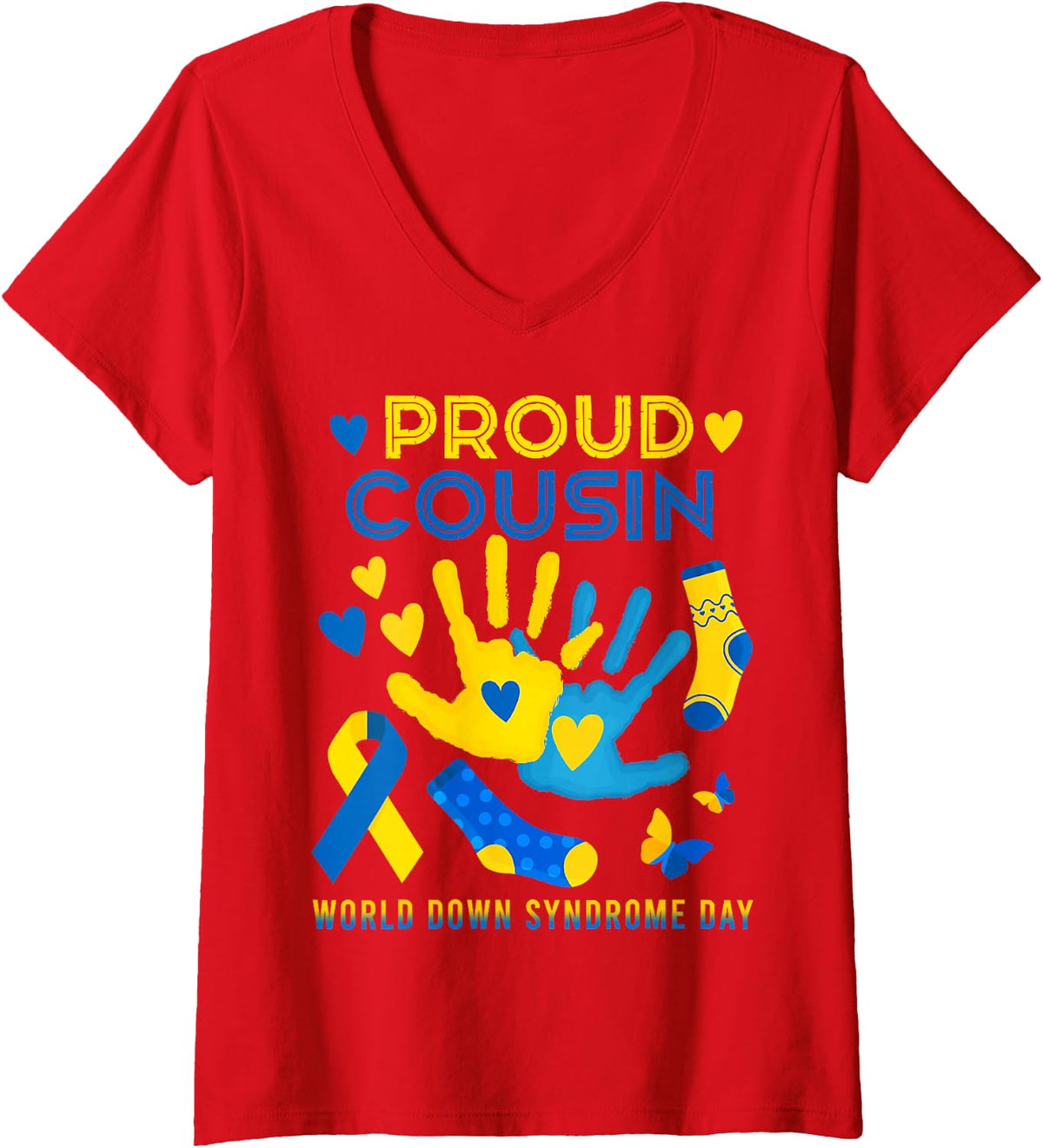 Women's Proud Cousin T21 World Down Syndrome Awareness Day Ribbon T V-Neck T-Shirt - Red