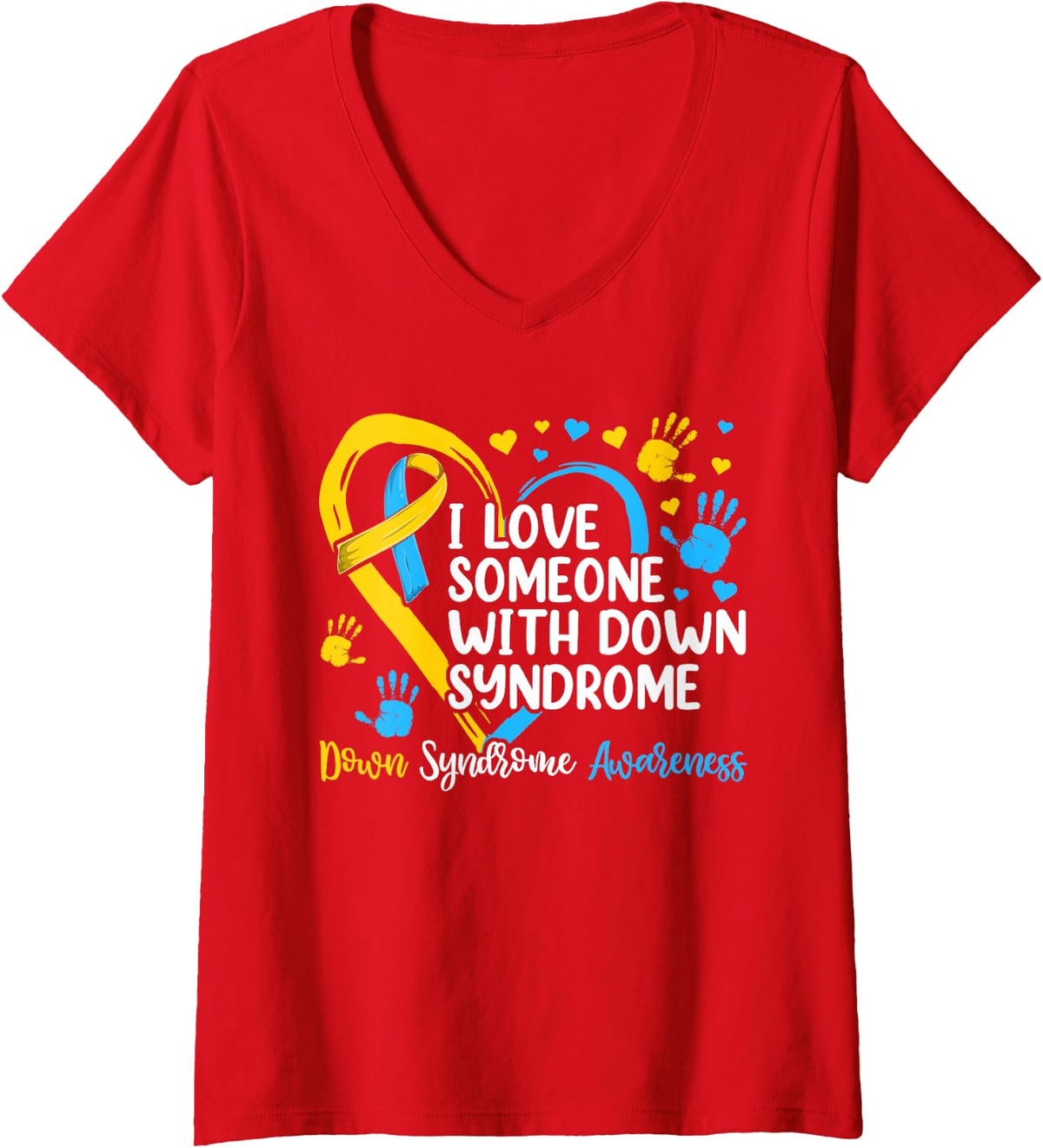 Women's I Love Someone with Down Syndrome Shirts, Mom Heart Ribbon V-Neck T-Shirt - Red