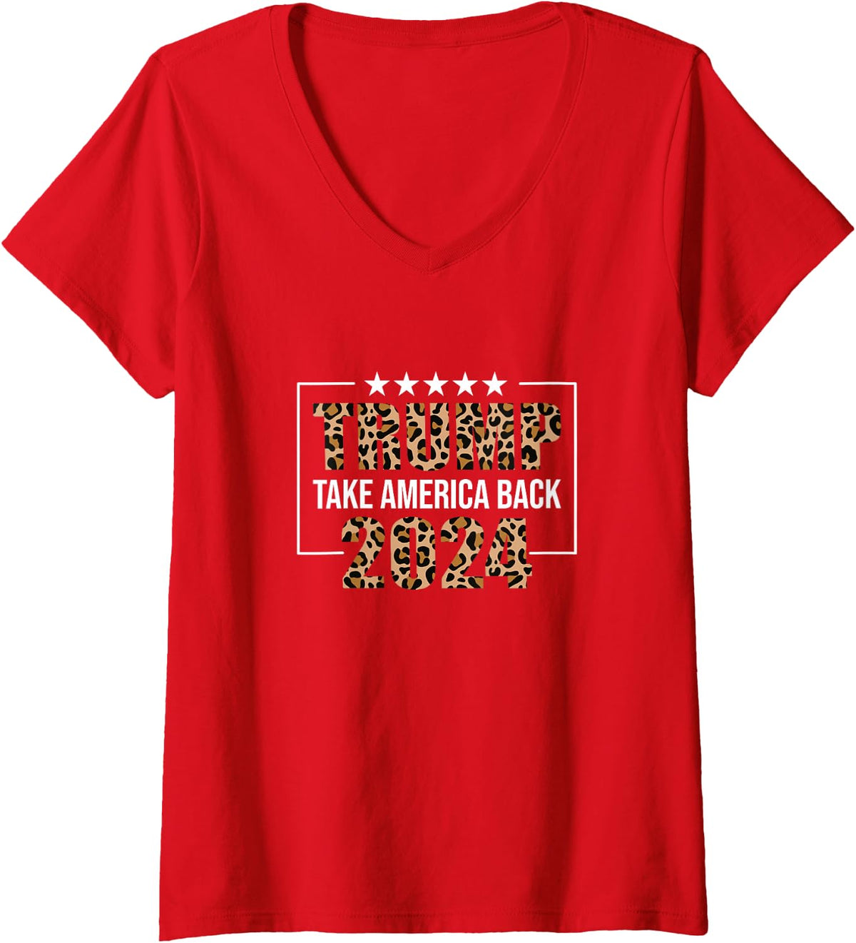 Women's Vintage Cheetah Pattern Trump 2024 Take America Back V-Neck T-Shirt - Red