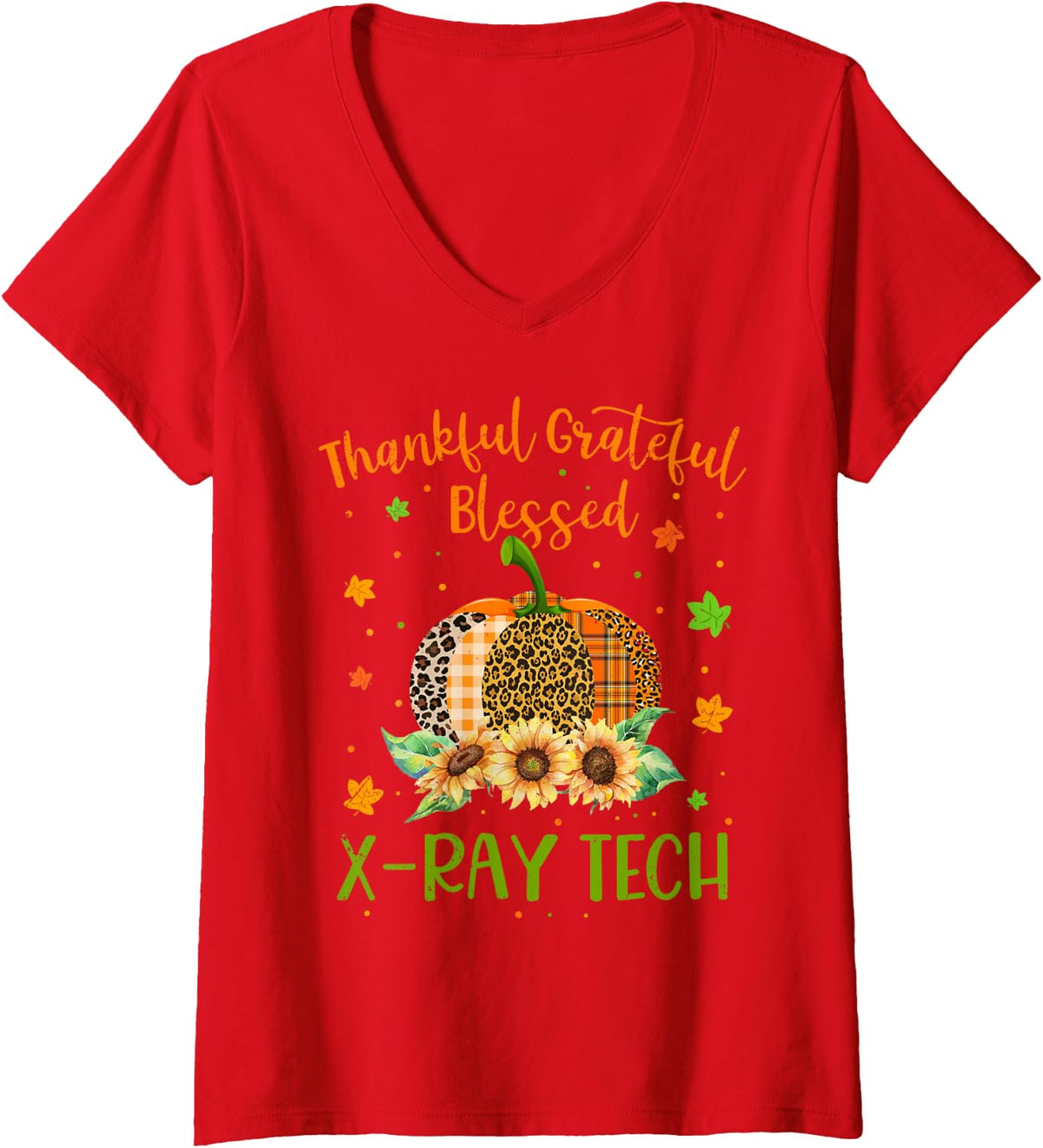 Women's Thankful X-ray Tech Pumpkin Sunflower Thanksgiving V-Neck T-Shirt - Red