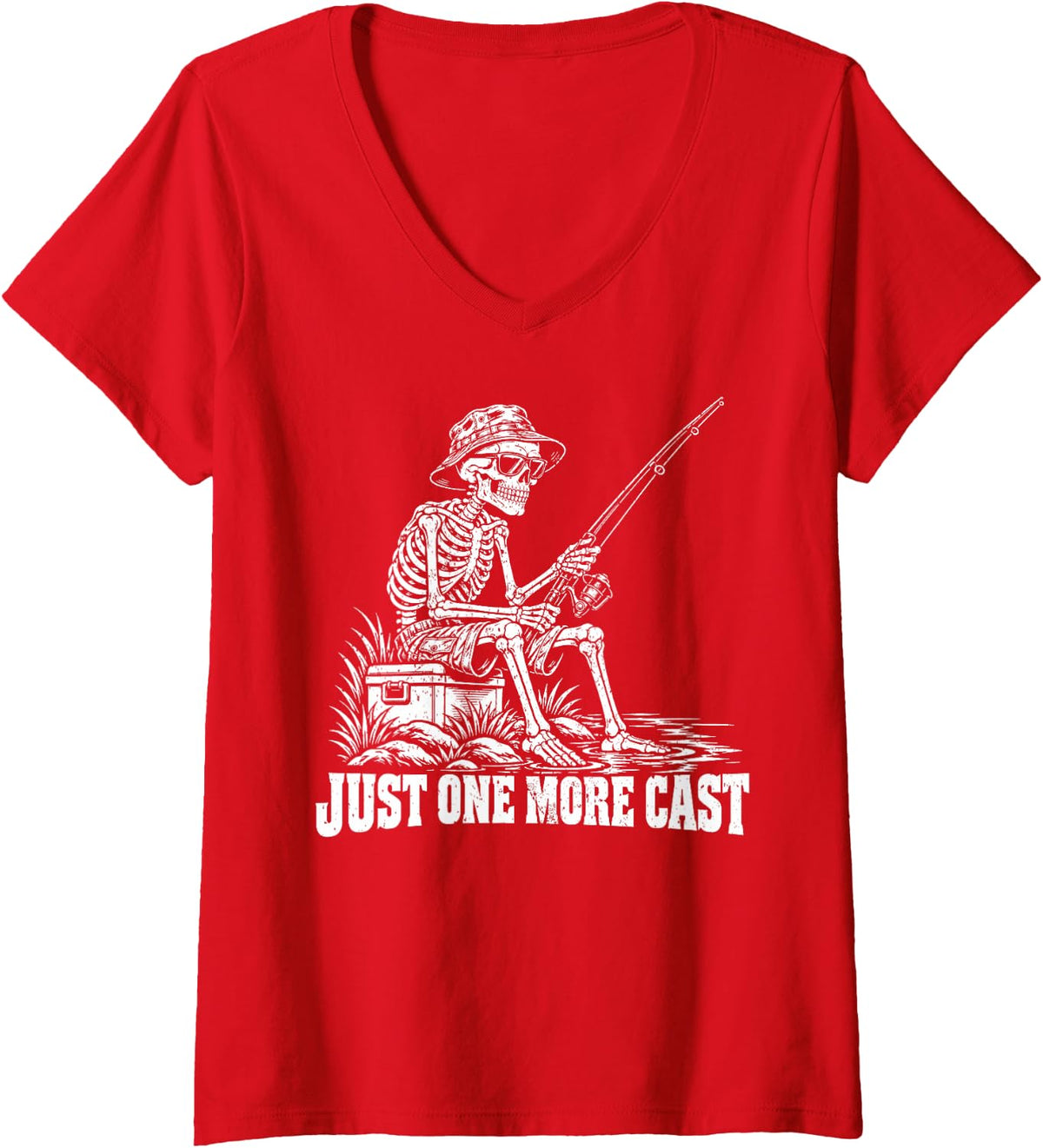 Women's Just One More Cast Skeleton Fishing Fisherman Angler Outdoor V-Neck T-Shirt - Red