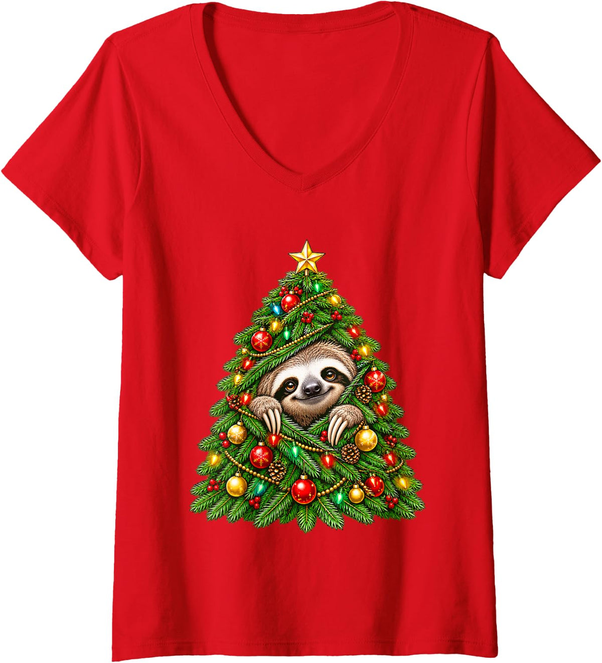 Women's Cute Sloth Peeking with Christmas Tree Festive Lights Xmas V-Neck T-Shirt - Red