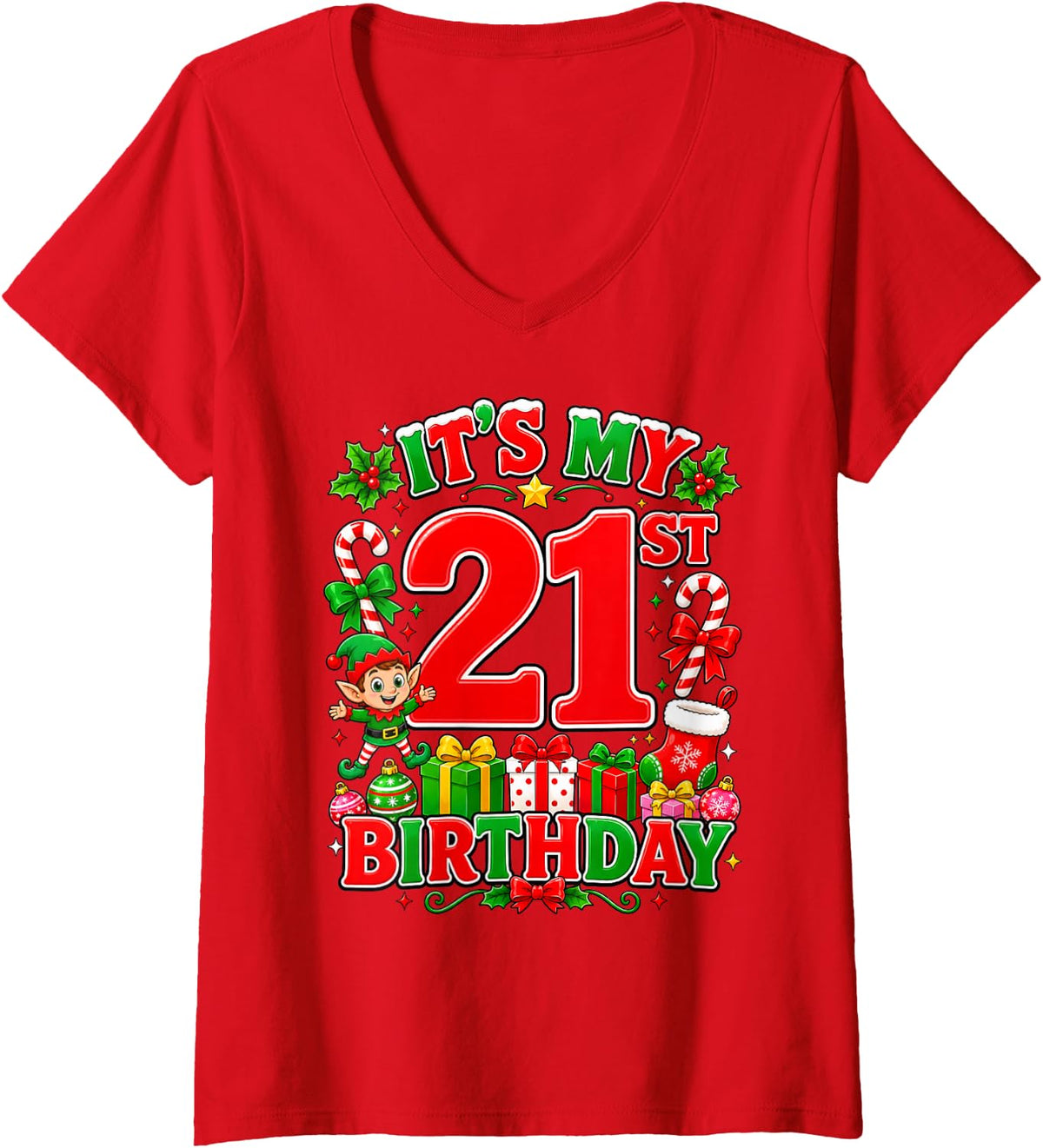 Women's It's My 21st Birthday Christmas Elf 21 Years Old Party V-Neck T-Shirt - Red