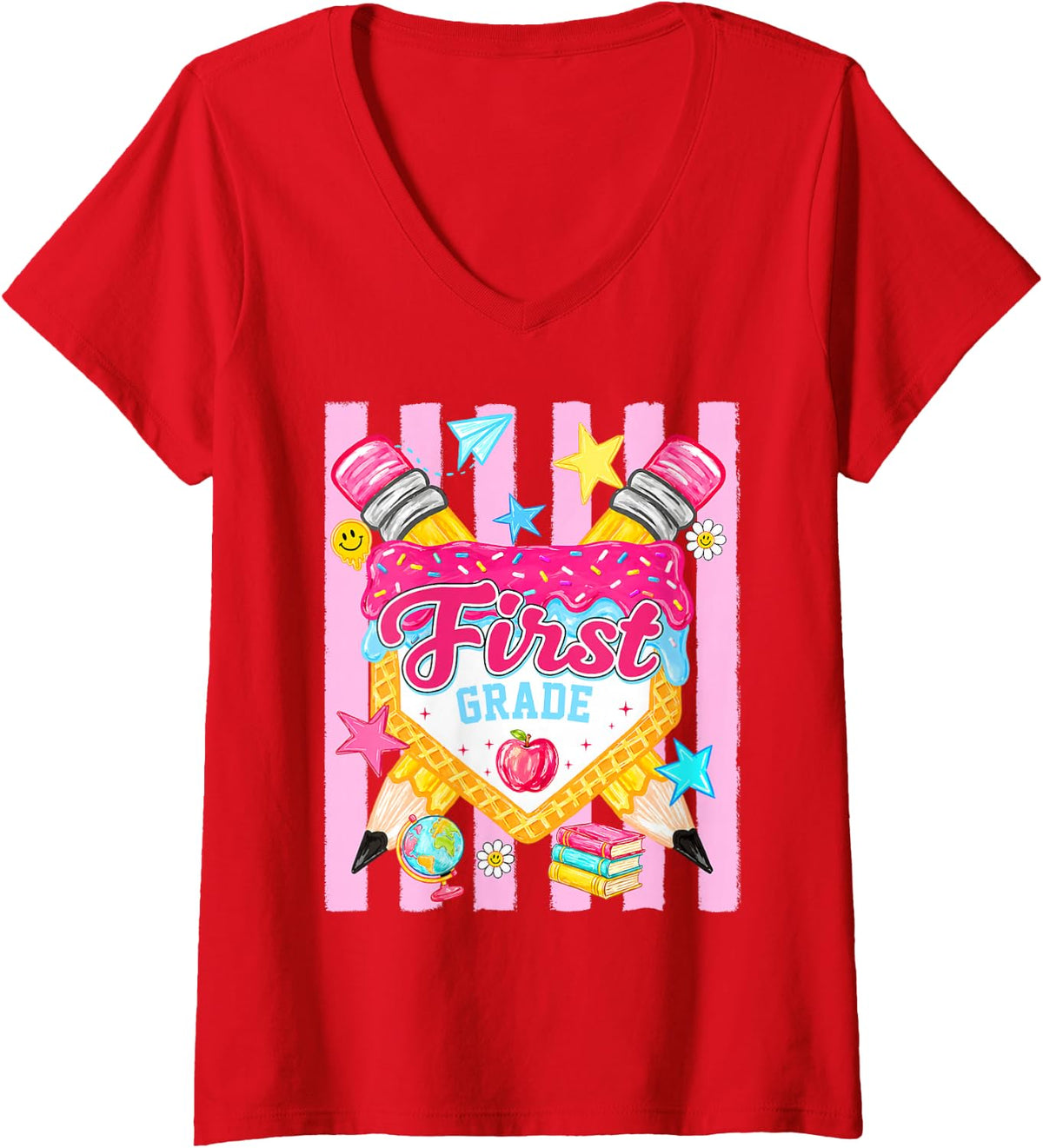 Women's Back to School First Grade Ice Cream Drip Women Girl Kid V-Neck T-Shirt - Red
